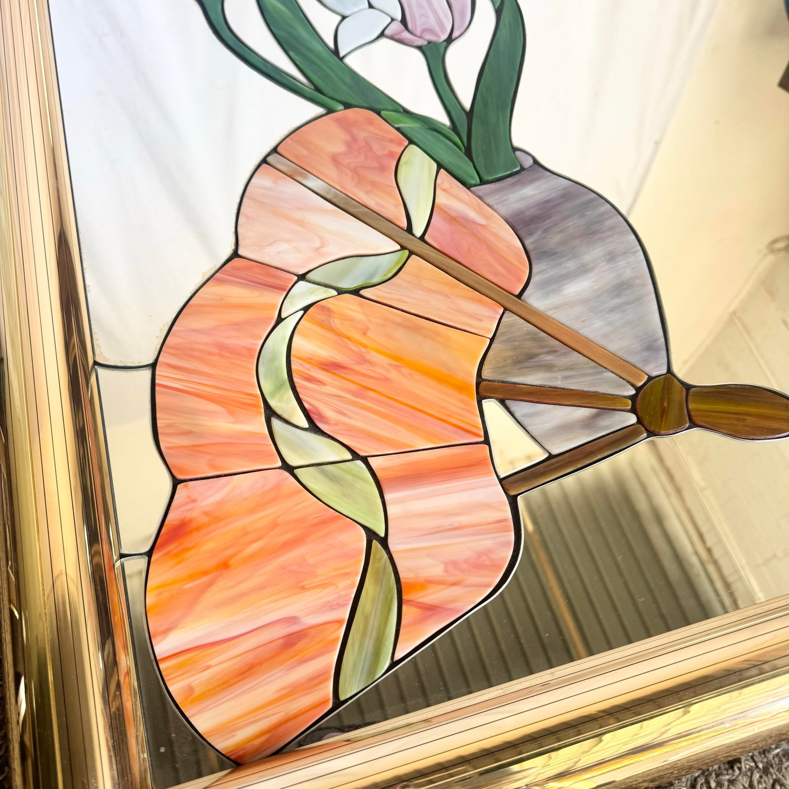 Postmodern Lily Flower Stained Glass Gold Frame Wall Mirror - 8