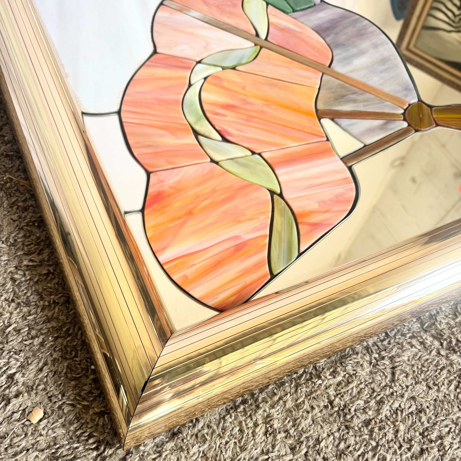 Postmodern Lily Flower Stained Glass Gold Frame Wall Mirror - 9