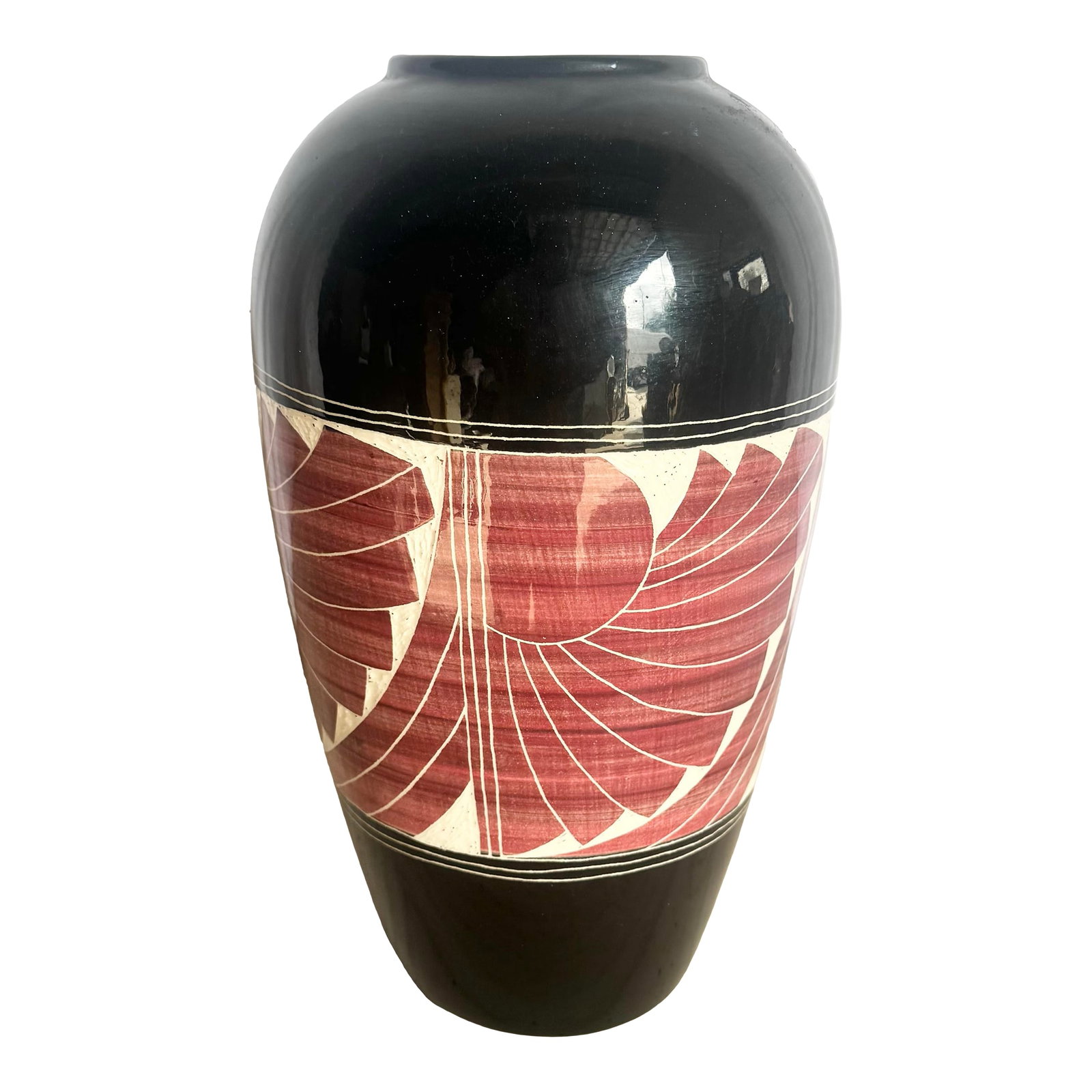 1989 Black and White and Red Sgraffito Pottery Vase by the Curras Brothers (1 of 7)