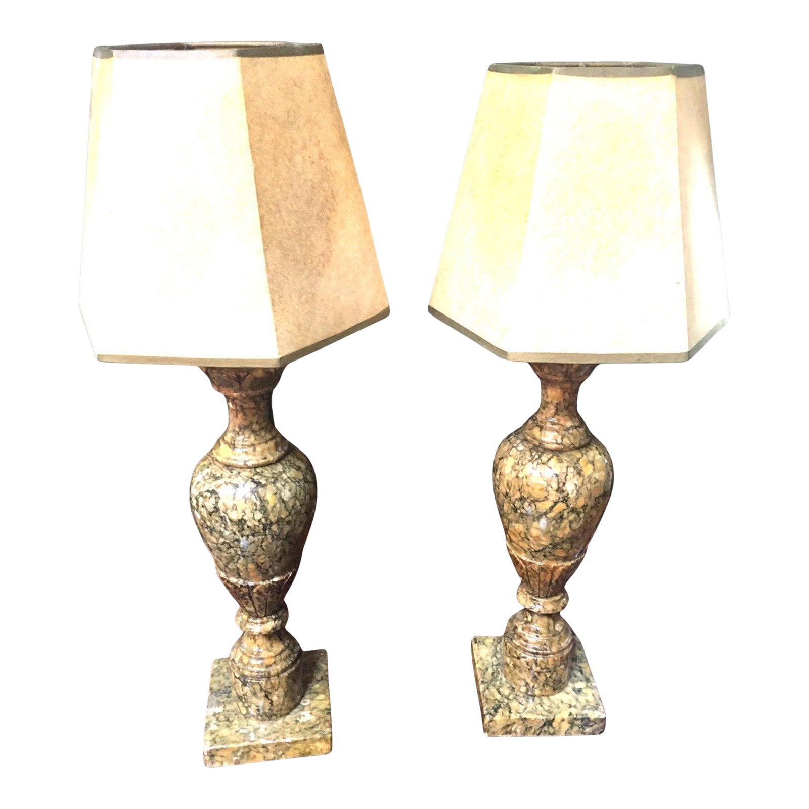 Antique Italian Polished Pink and Black Marble Petite Table Lamp Pair: This petite pair of antique Italian pink and black polished marble table lamps feature a neoclassic urn-shaped design on a four inch square base. The six side shades are original and are of a heavy pa