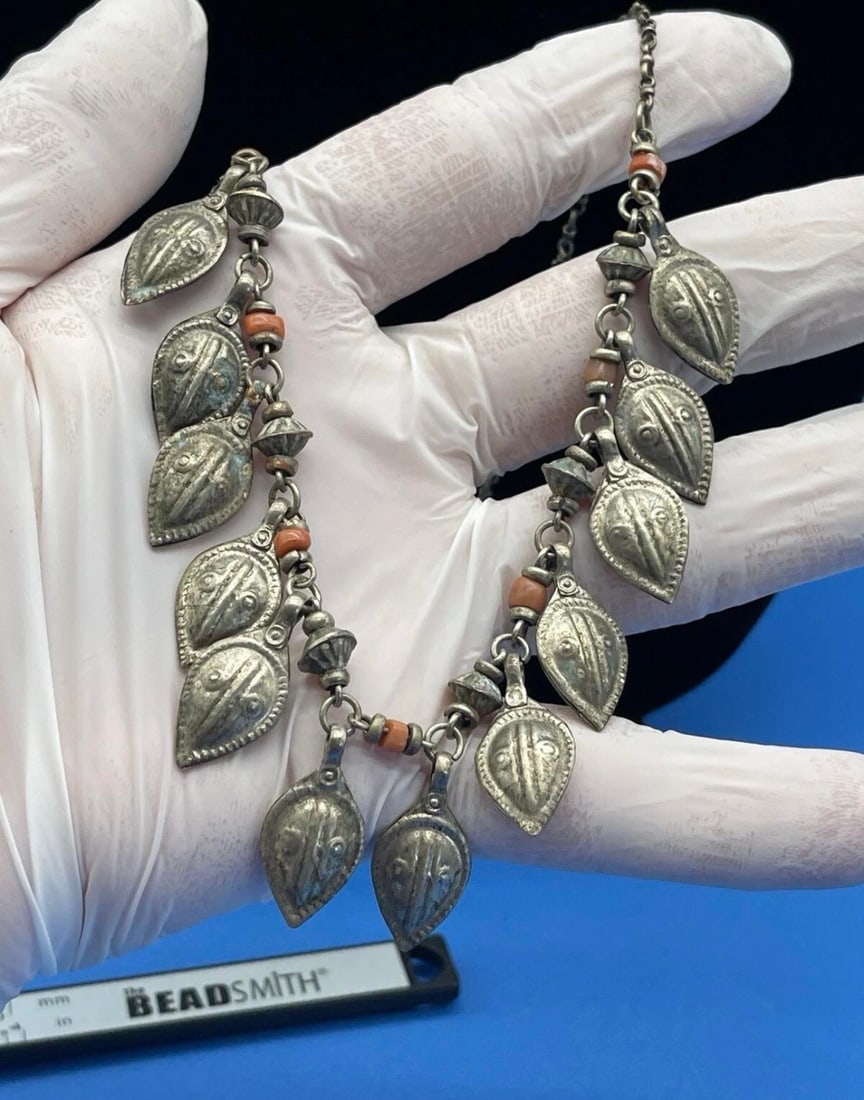 Antique Turkmen / Yemen Tribal Silver Keaf Necklace, Coral Accents. - 10
