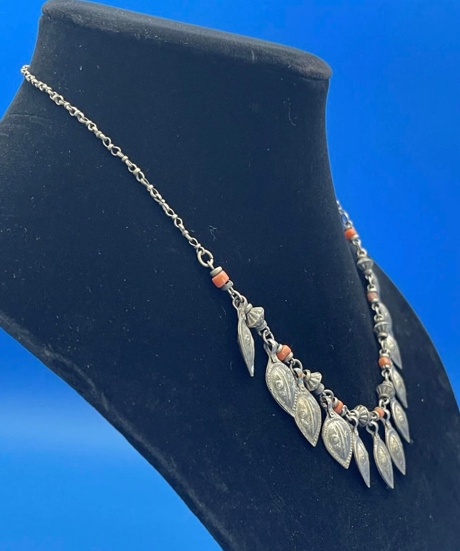 Antique Turkmen / Yemen Tribal Silver Keaf Necklace, Coral Accents. - 2