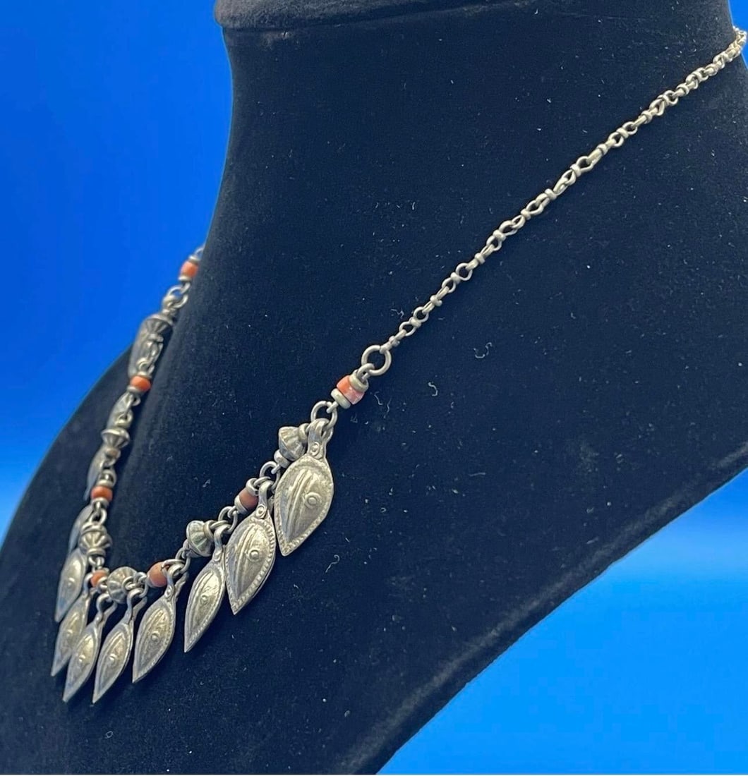 Antique Turkmen / Yemen Tribal Silver Keaf Necklace, Coral Accents. - 6