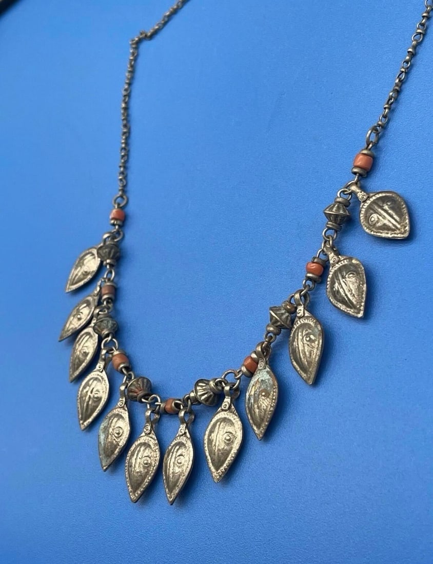 Antique Turkmen / Yemen Tribal Silver Keaf Necklace, Coral Accents. - 9