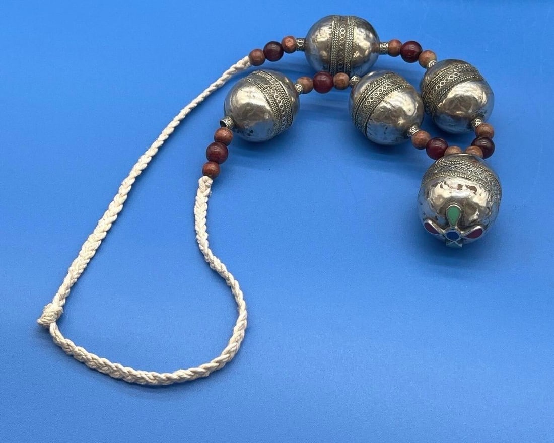 Antique Moroccan Silver XL Barrel Bead Necklace - 11