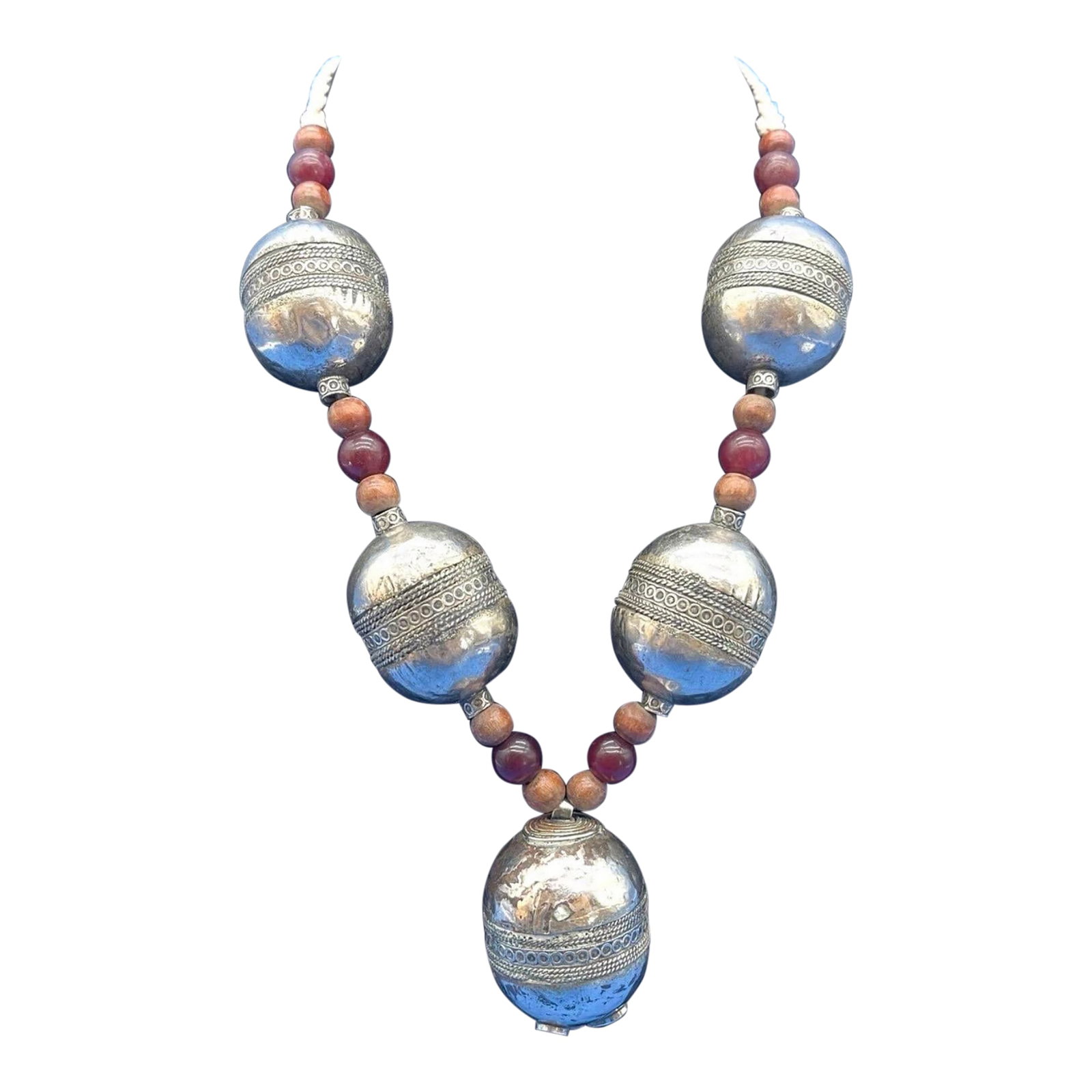 Antique Moroccan Silver XL Barrel Bead Necklace: Statement Piece! Beautiful antique barrel beads with delicate filigree, pendant bead has enamel accents. This handmade necklace has a symmetrical design accented with red agate and wooden beads on a b