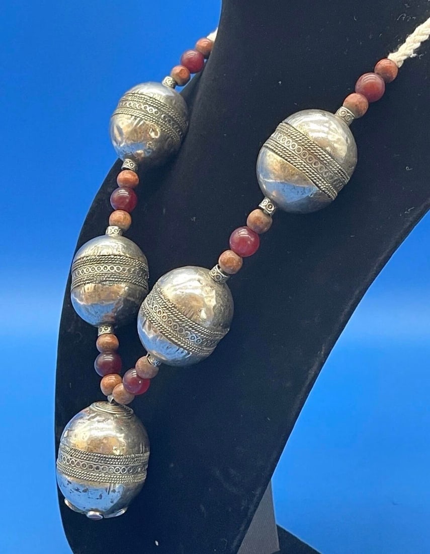 Antique Moroccan Silver XL Barrel Bead Necklace - 4