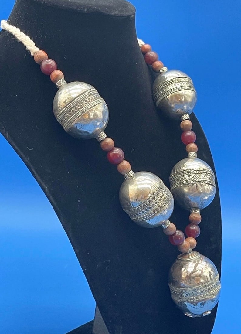 Antique Moroccan Silver XL Barrel Bead Necklace - 5