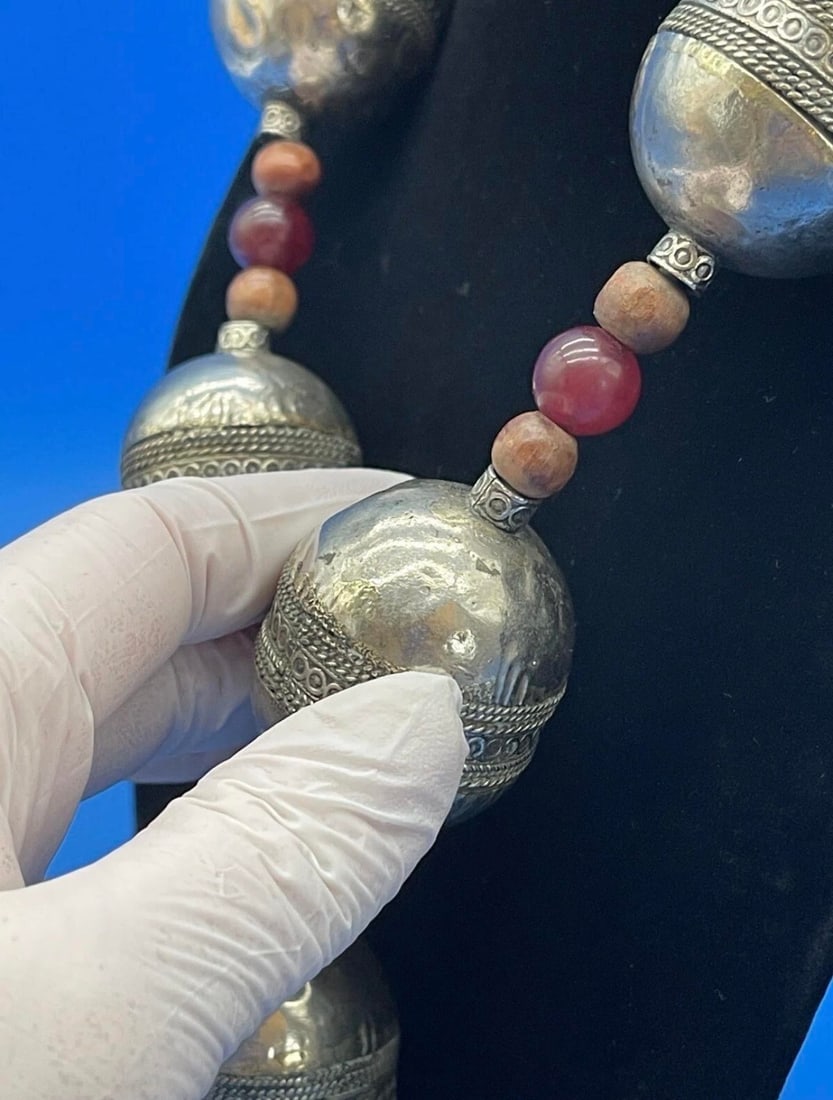 Antique Moroccan Silver XL Barrel Bead Necklace - 7