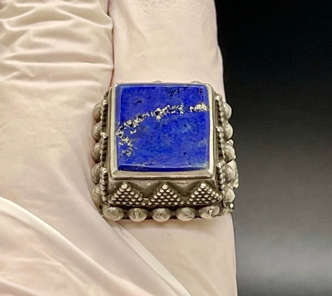 Antique Yemen Sterling Silver Lapis Lazuli Tower Ring, Size 9.5. Antique Yemen Jewelry - 5