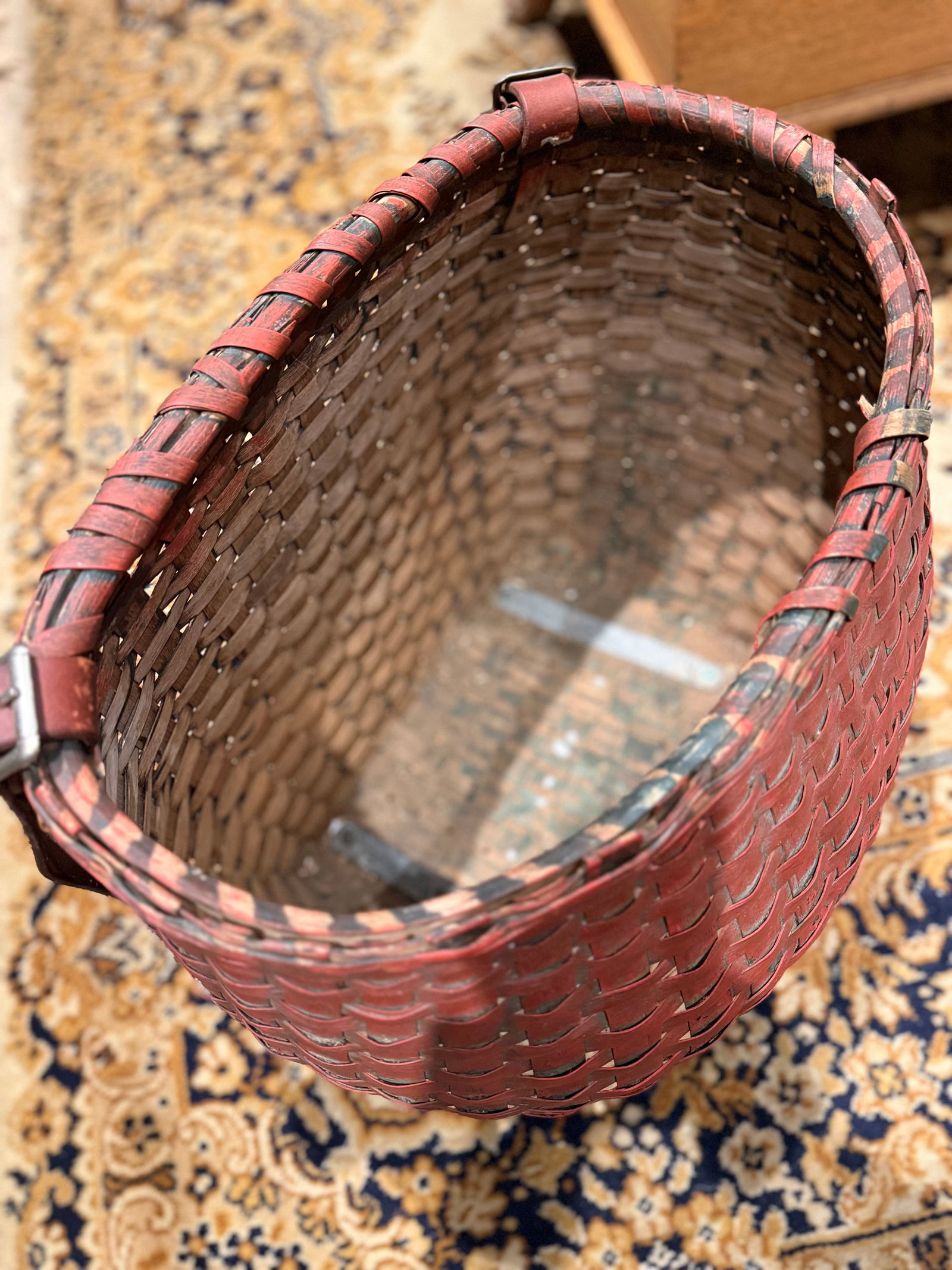Rare Antique Apple Picking Basket With Leather Straps and Original Red Paint - 10