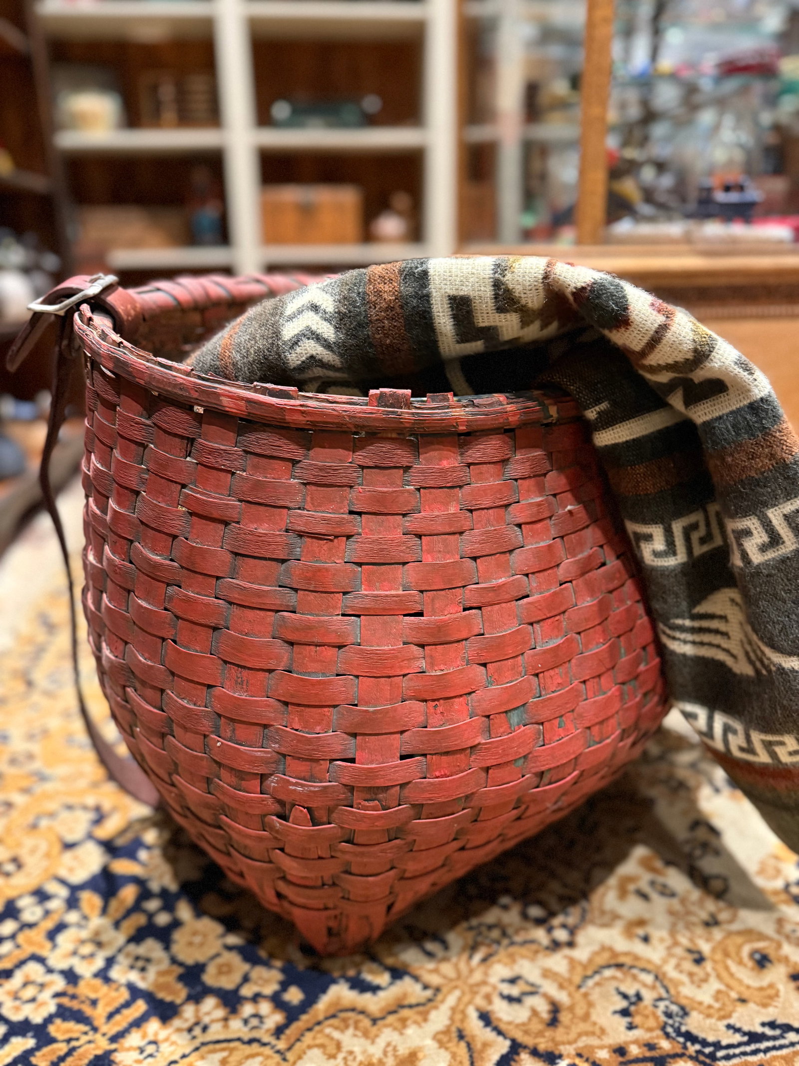 Rare Antique Apple Picking Basket With Leather Straps and Original Red Paint - 11