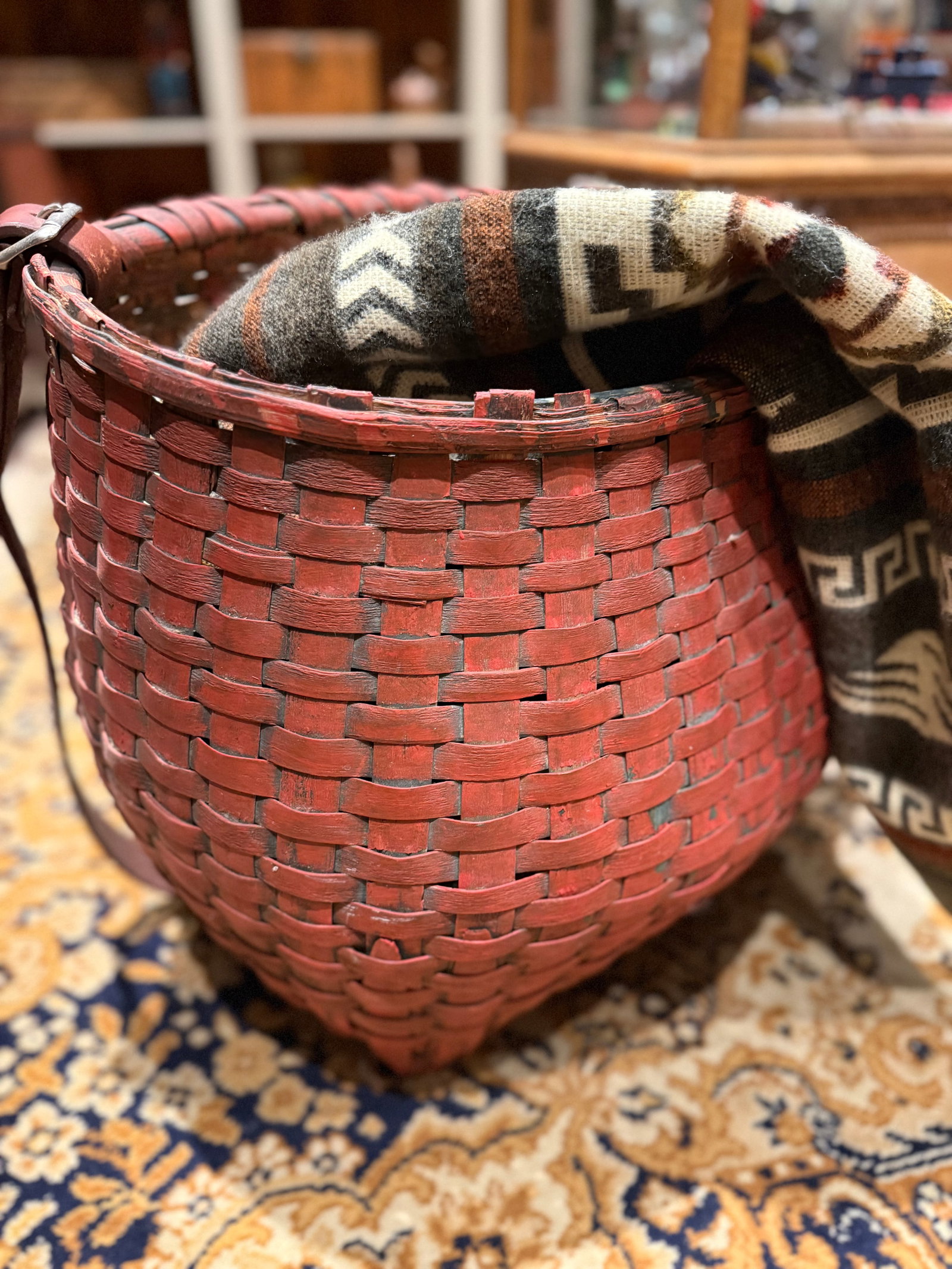 Rare Antique Apple Picking Basket With Leather Straps and Original Red Paint - 12