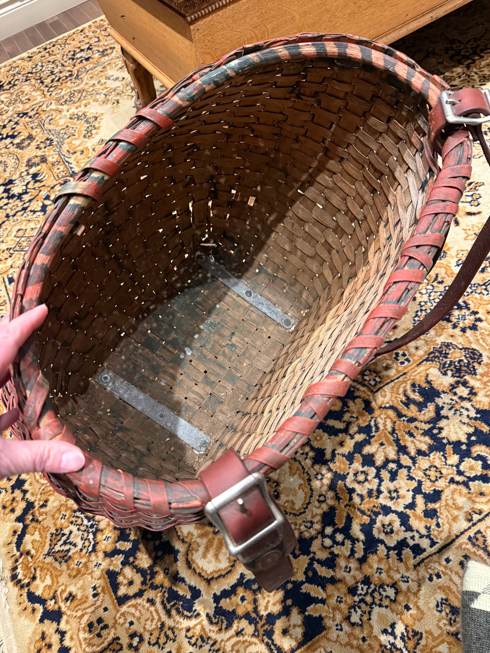 Rare Antique Apple Picking Basket With Leather Straps and Original Red Paint - 13