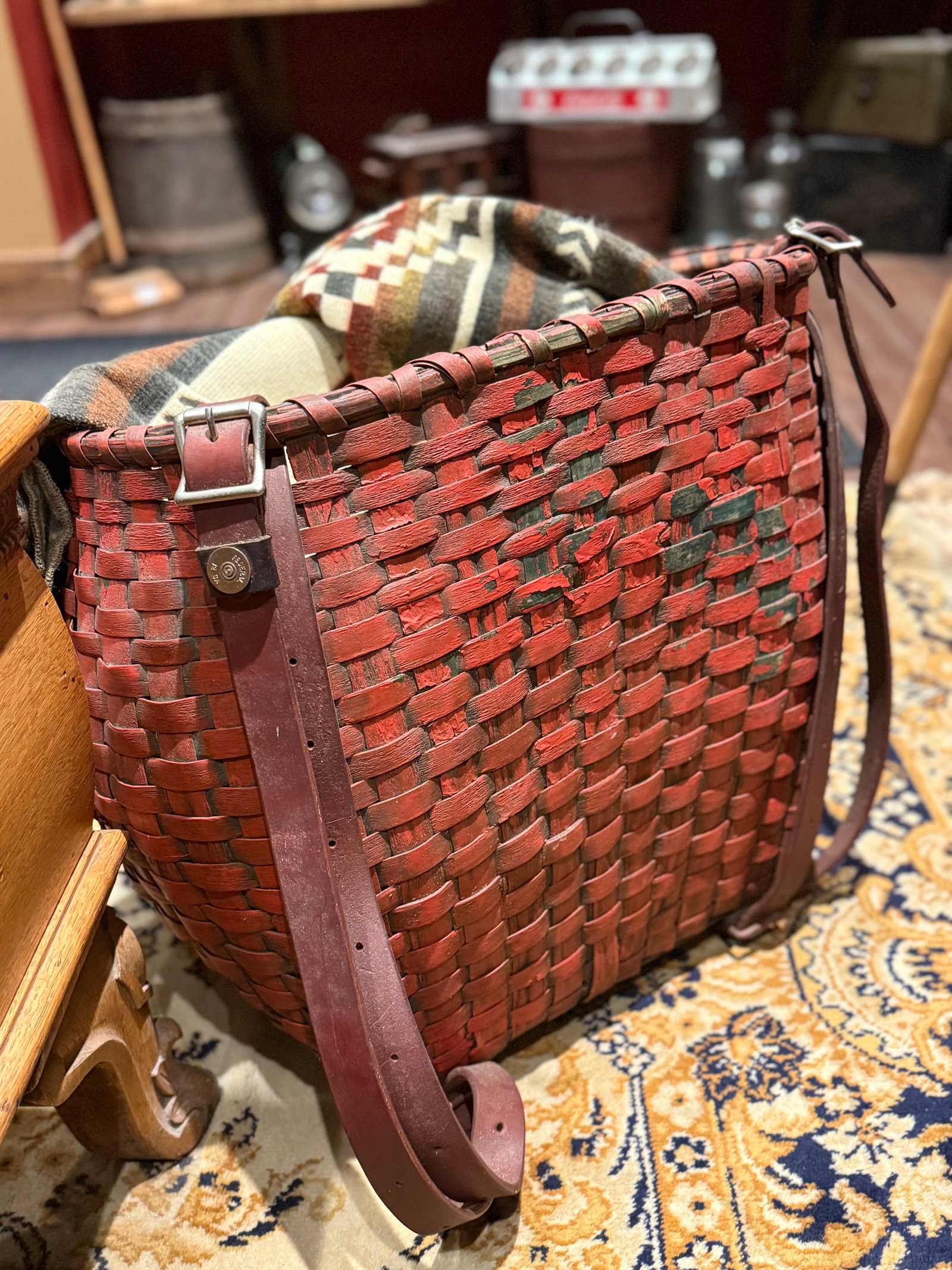 Rare Antique Apple Picking Basket With Leather Straps and Original Red Paint - 15