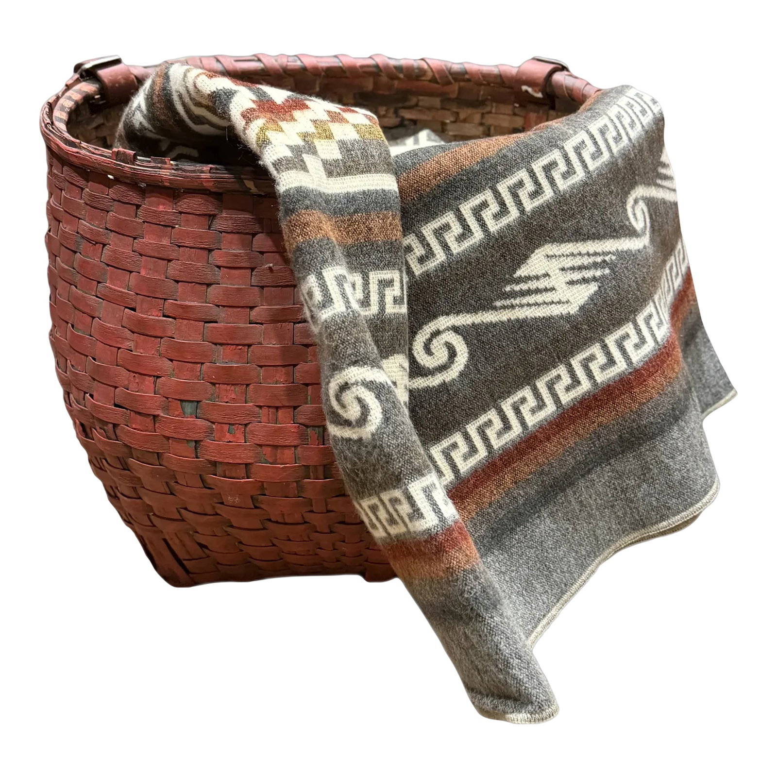 Rare Antique Apple Picking Basket With Leather Straps and Original Red Paint: A rare antique apple picking basket featuring original red paint, beautifully aged with authentic flaking and patina. Outfitted with sturdy leather straps, this basket was once used in orchard harvest