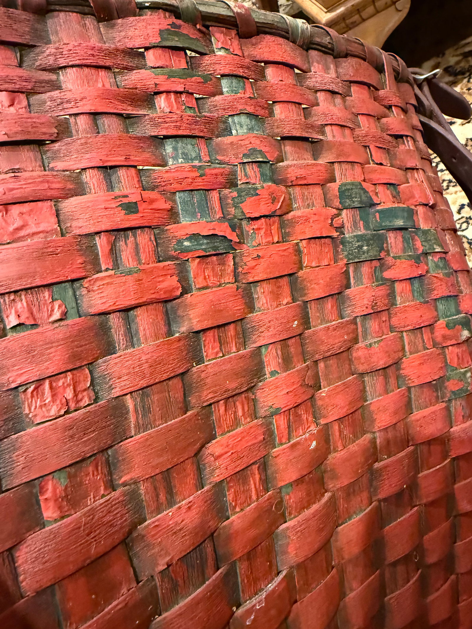 Rare Antique Apple Picking Basket With Leather Straps and Original Red Paint - 2