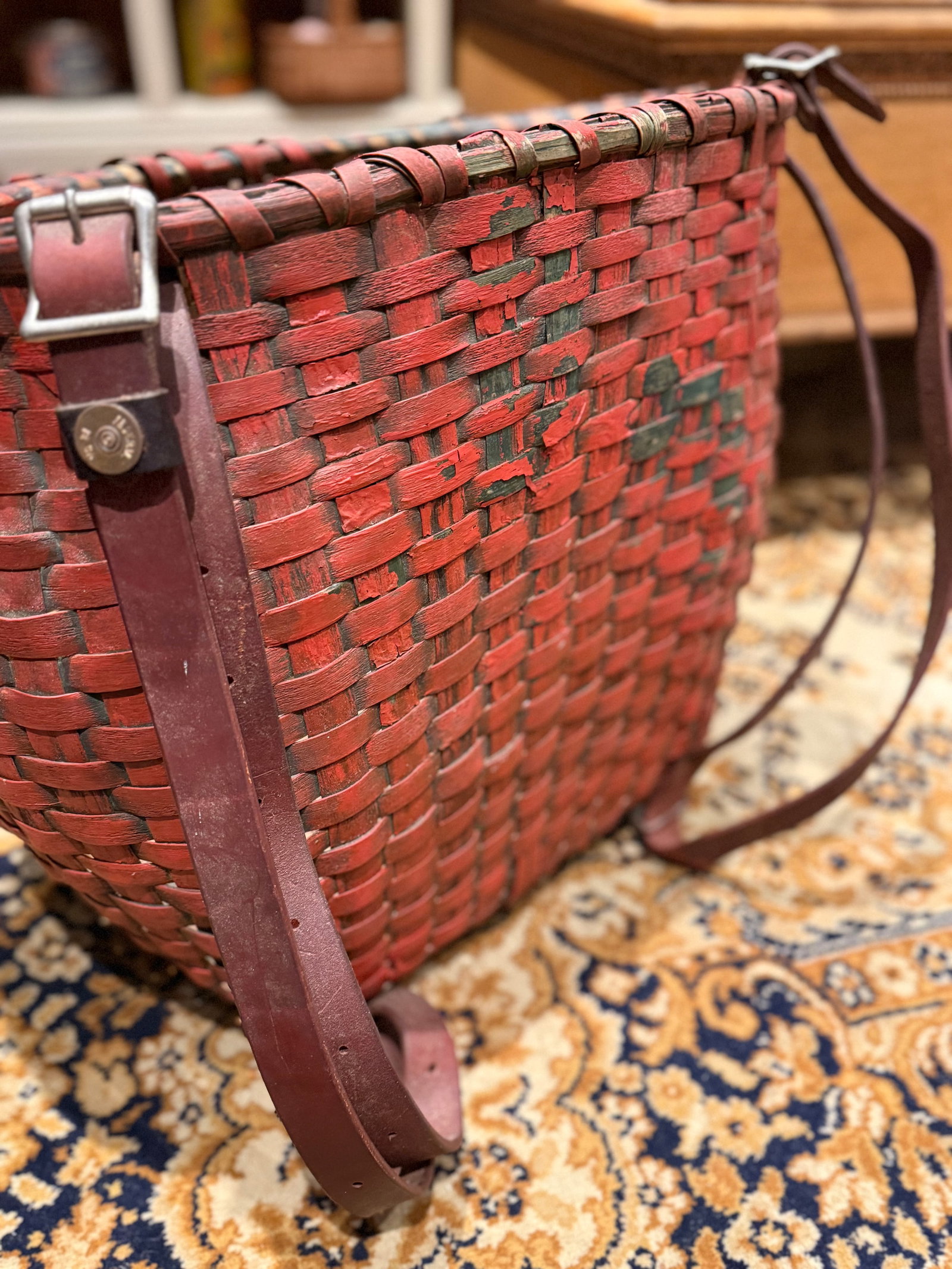 Rare Antique Apple Picking Basket With Leather Straps and Original Red Paint - 5