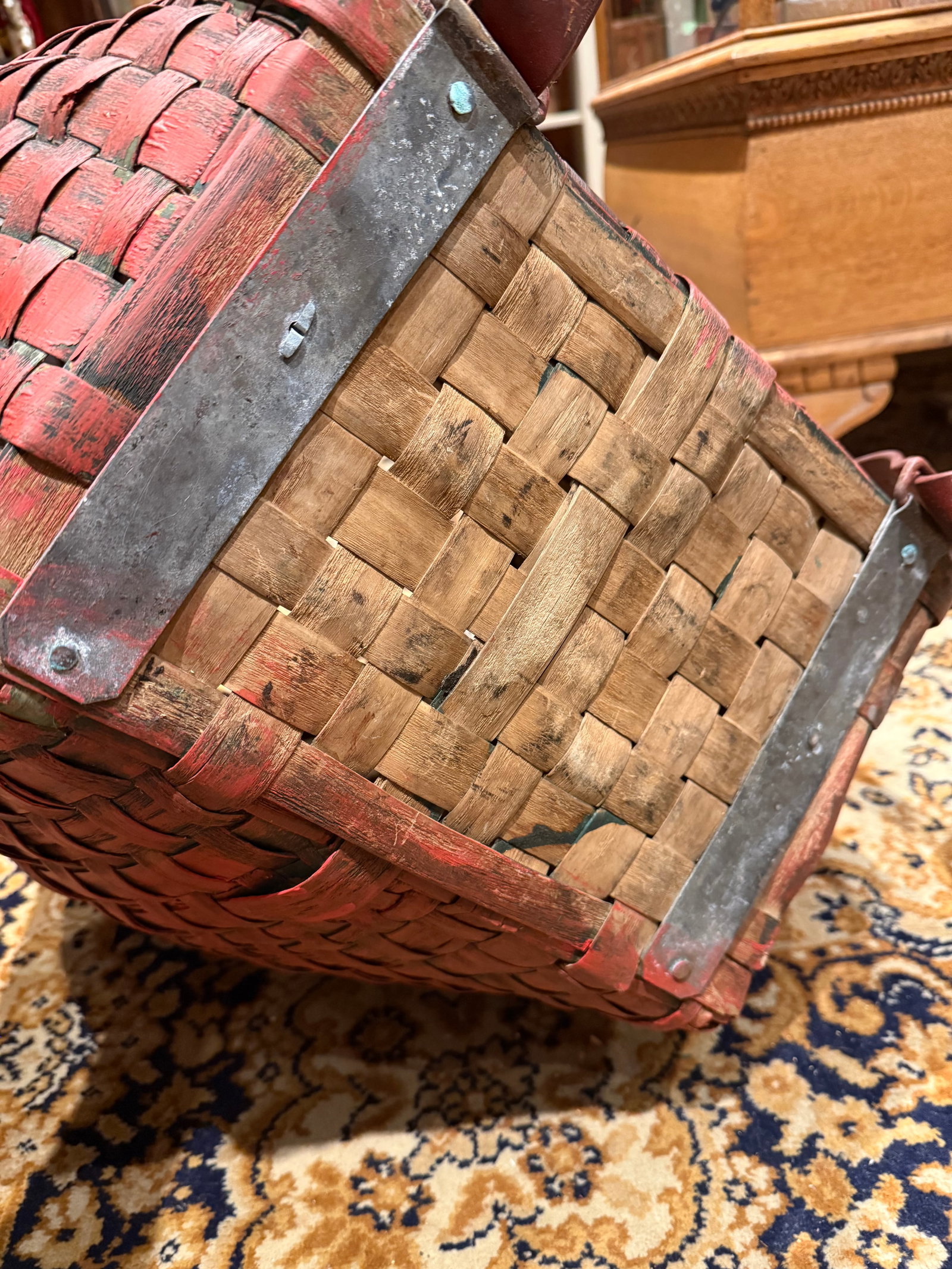 Rare Antique Apple Picking Basket With Leather Straps and Original Red Paint - 6