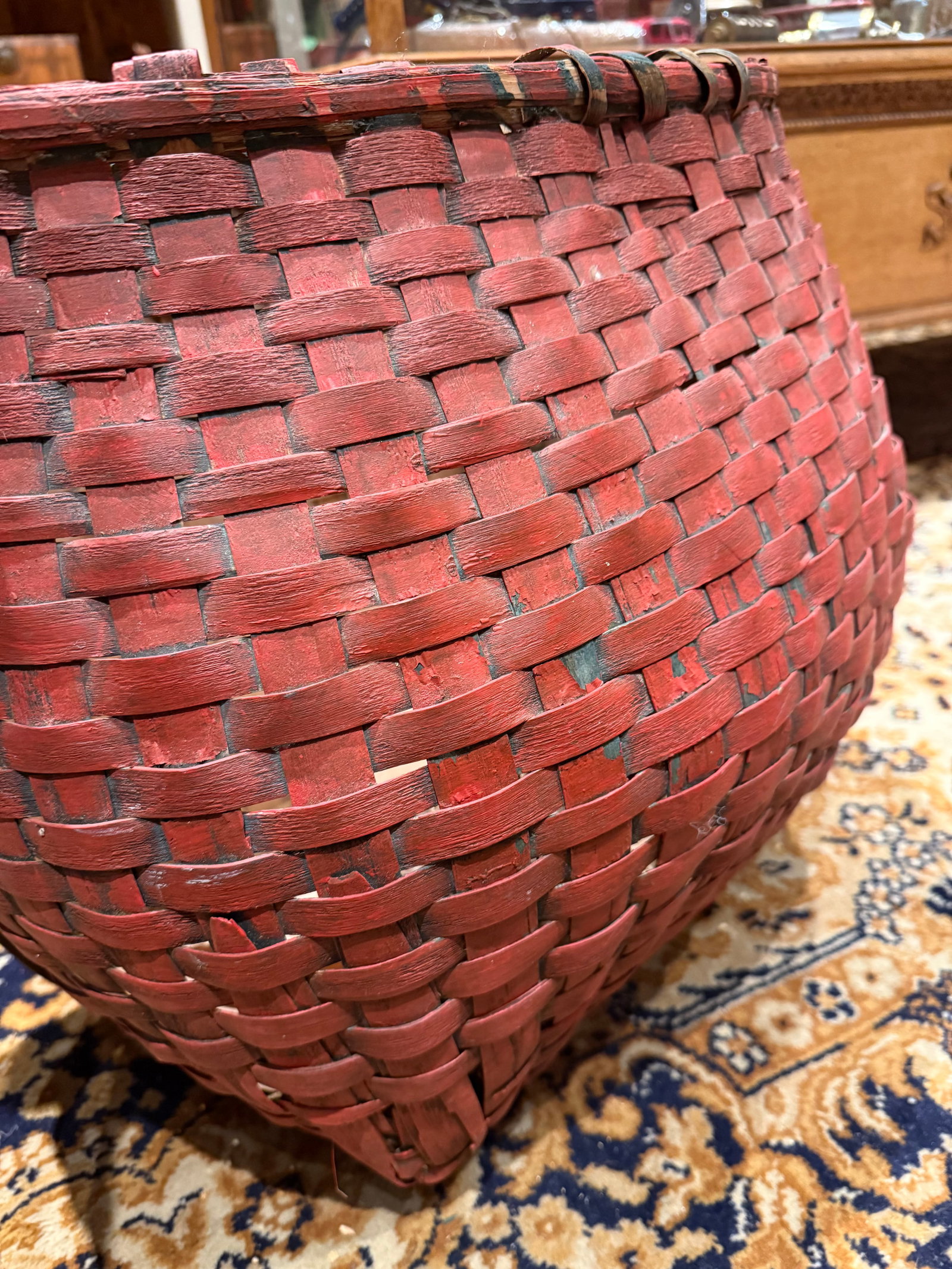 Rare Antique Apple Picking Basket With Leather Straps and Original Red Paint - 8
