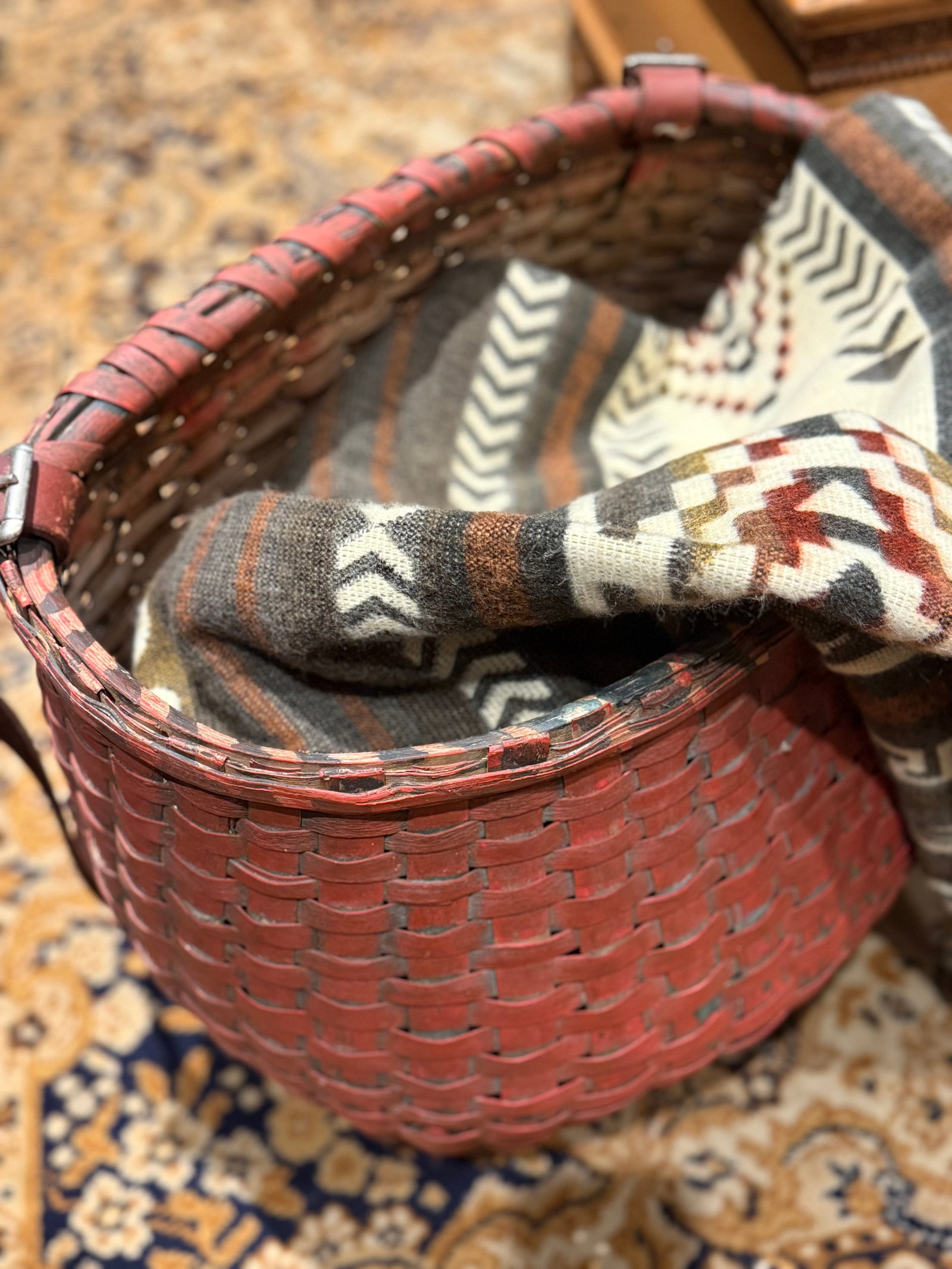 Rare Antique Apple Picking Basket With Leather Straps and Original Red Paint - 9