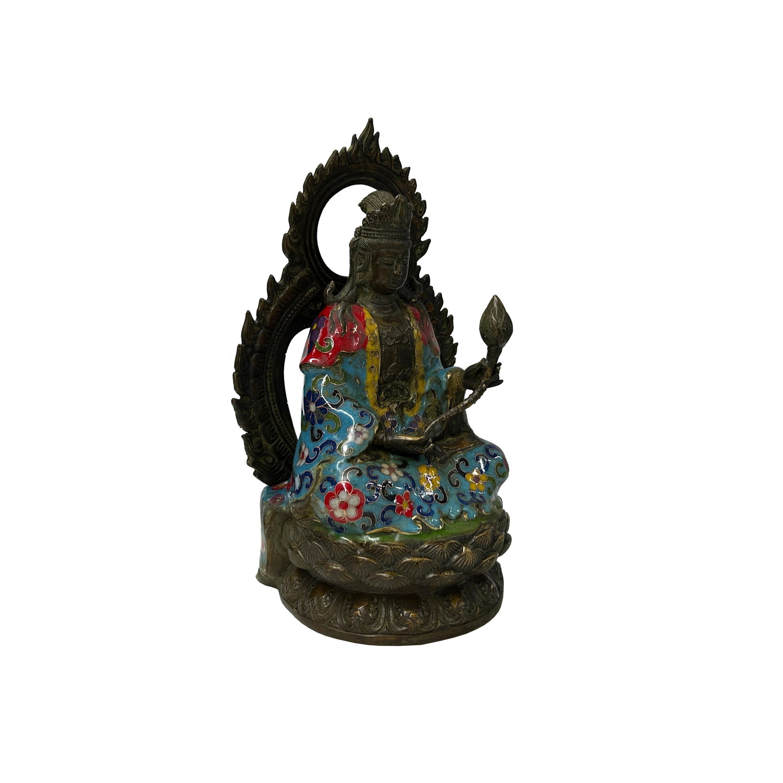 Vintage Cloisonne Enamel Lotus Bodhisattva Metal Buddha Statue - 11