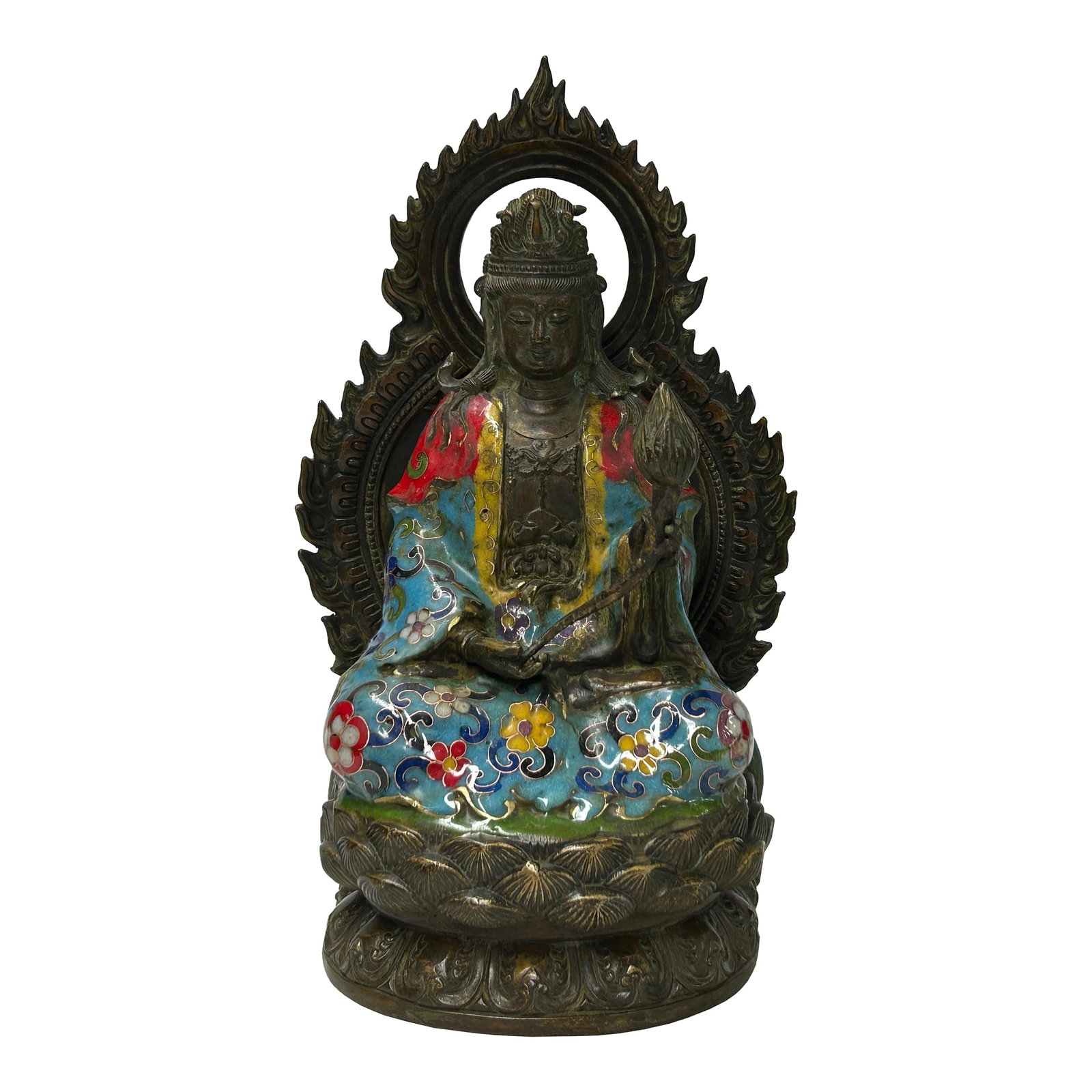 Vintage Cloisonne Enamel Lotus Bodhisattva Metal Buddha Statue: This ornate bronze and cloisonné statue depicts a seated Bodhisattva, likely Guanyin (Avalokiteshvara), captured in a moment of serene meditation. The figure is seated in the padmasana (lotus