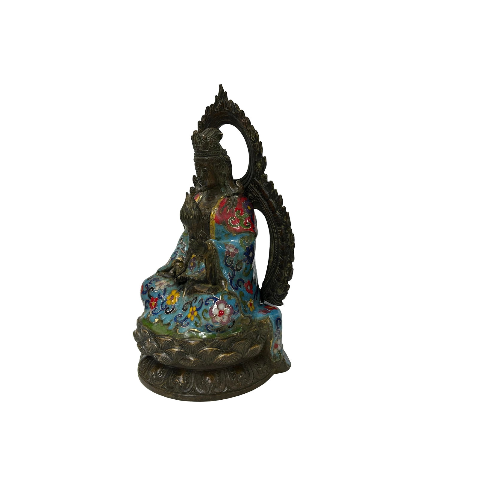 Vintage Cloisonne Enamel Lotus Bodhisattva Metal Buddha Statue - 2
