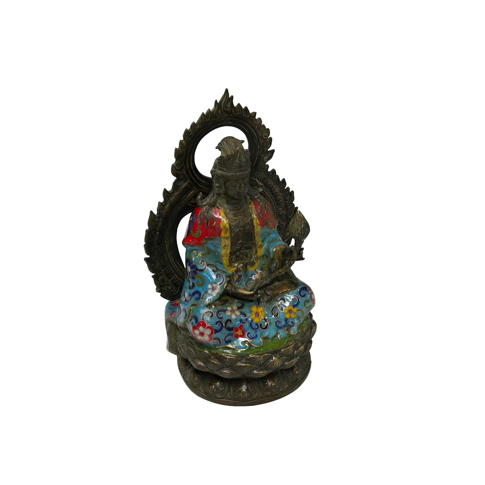 Vintage Cloisonne Enamel Lotus Bodhisattva Metal Buddha Statue - 3