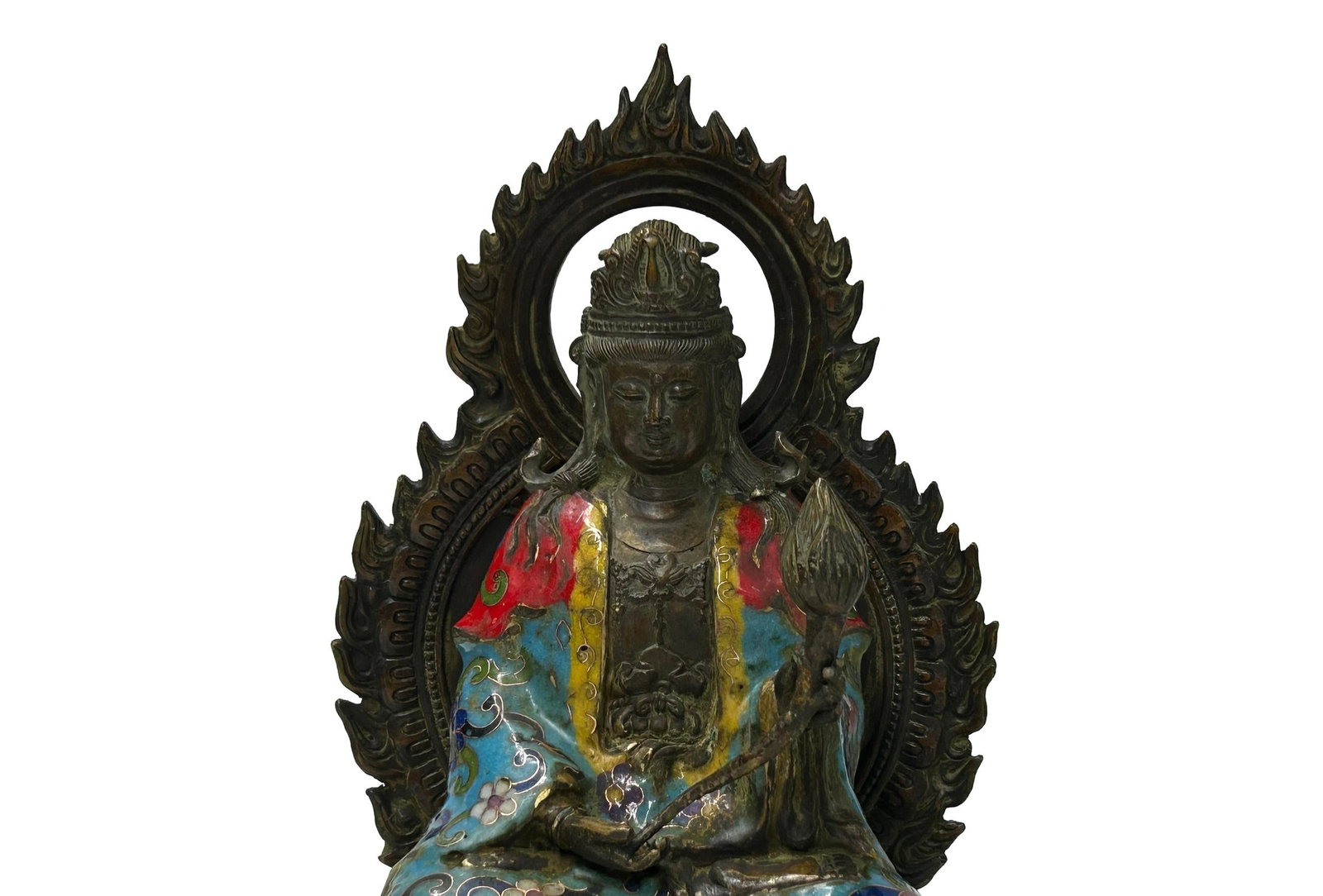 Vintage Cloisonne Enamel Lotus Bodhisattva Metal Buddha Statue - 7