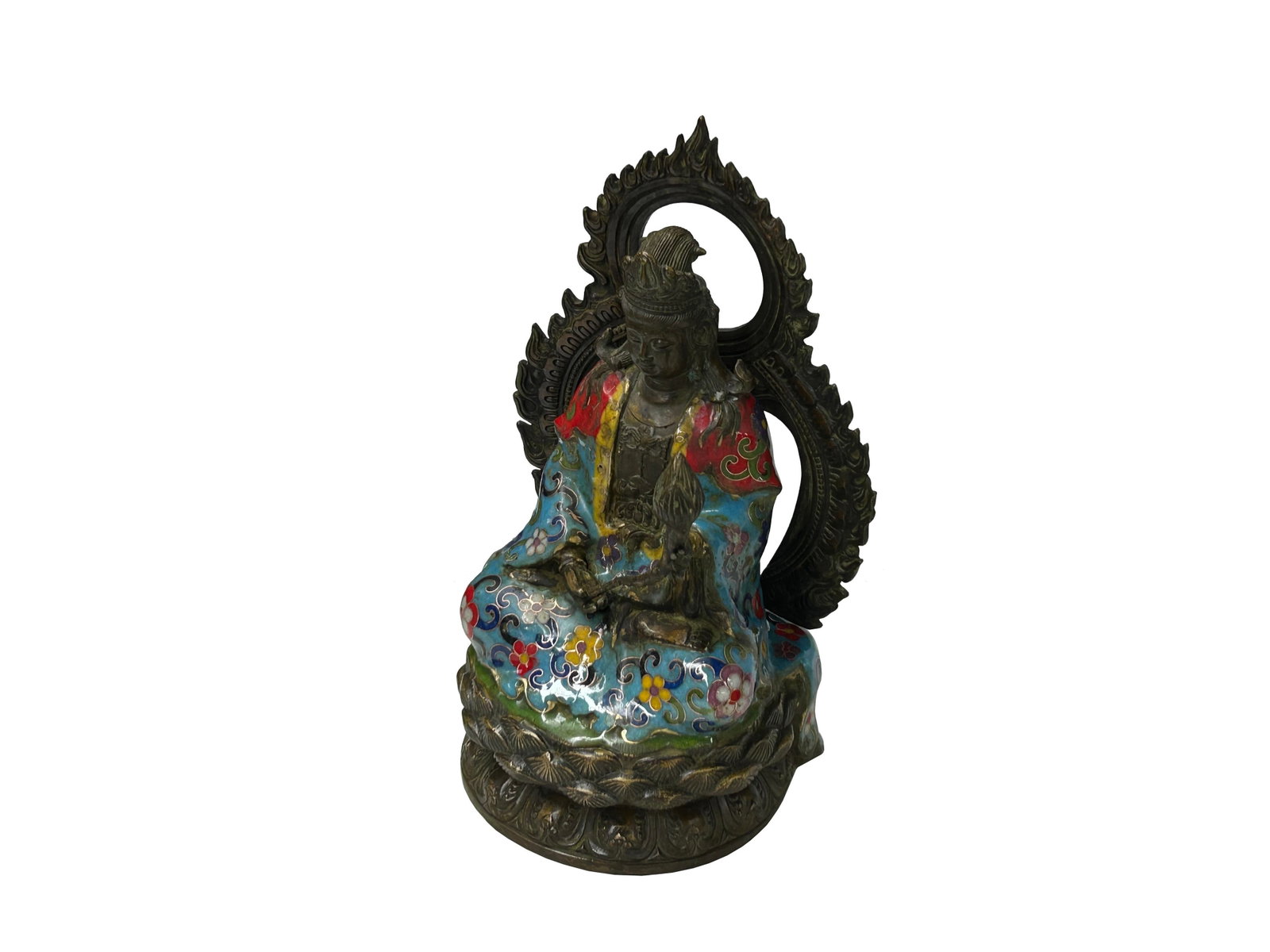 Vintage Cloisonne Enamel Lotus Bodhisattva Metal Buddha Statue - 8