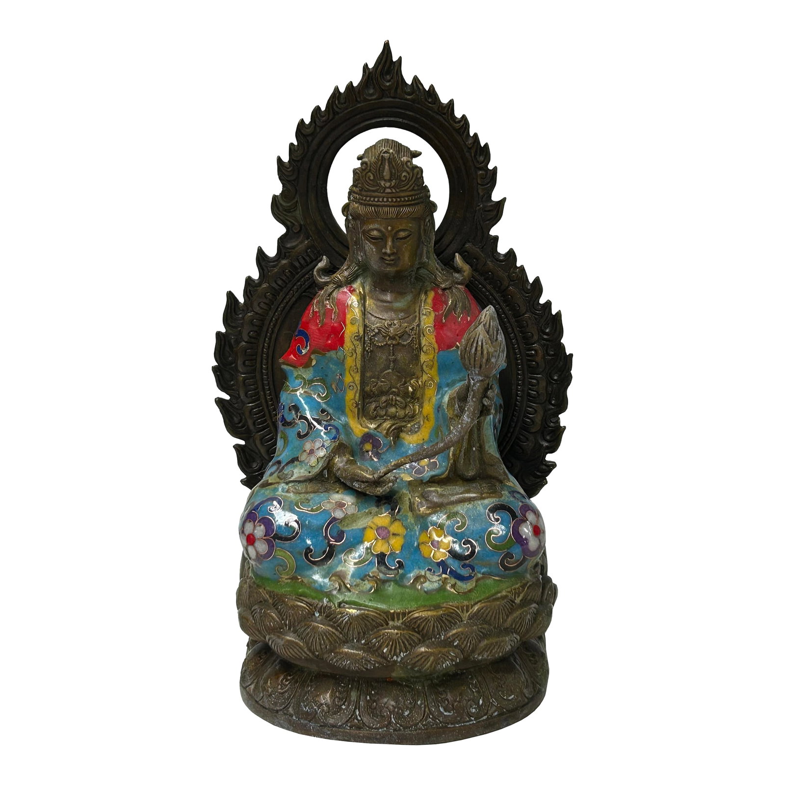 Vintage Cloisonne Enamel Lotus Bodhisattva Metal Buddha Statue: This ornate bronze and cloisonné statue depicts a seated Bodhisattva, likely Guanyin (Avalokiteshvara), captured in a moment of serene meditation. The figure is seated in the padmasana (lotus pos