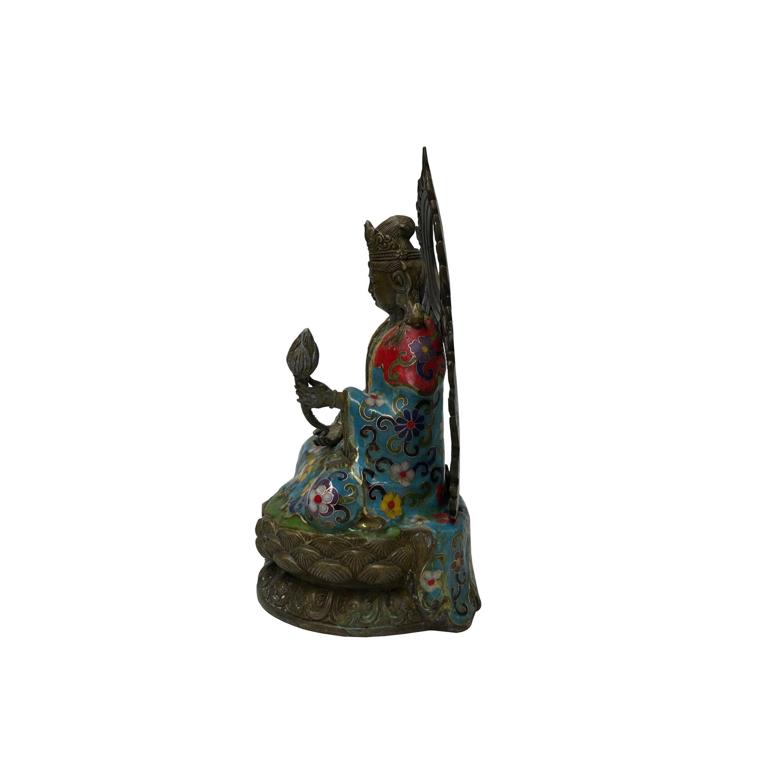 Vintage Cloisonne Enamel Lotus Bodhisattva Metal Buddha Statue - 2