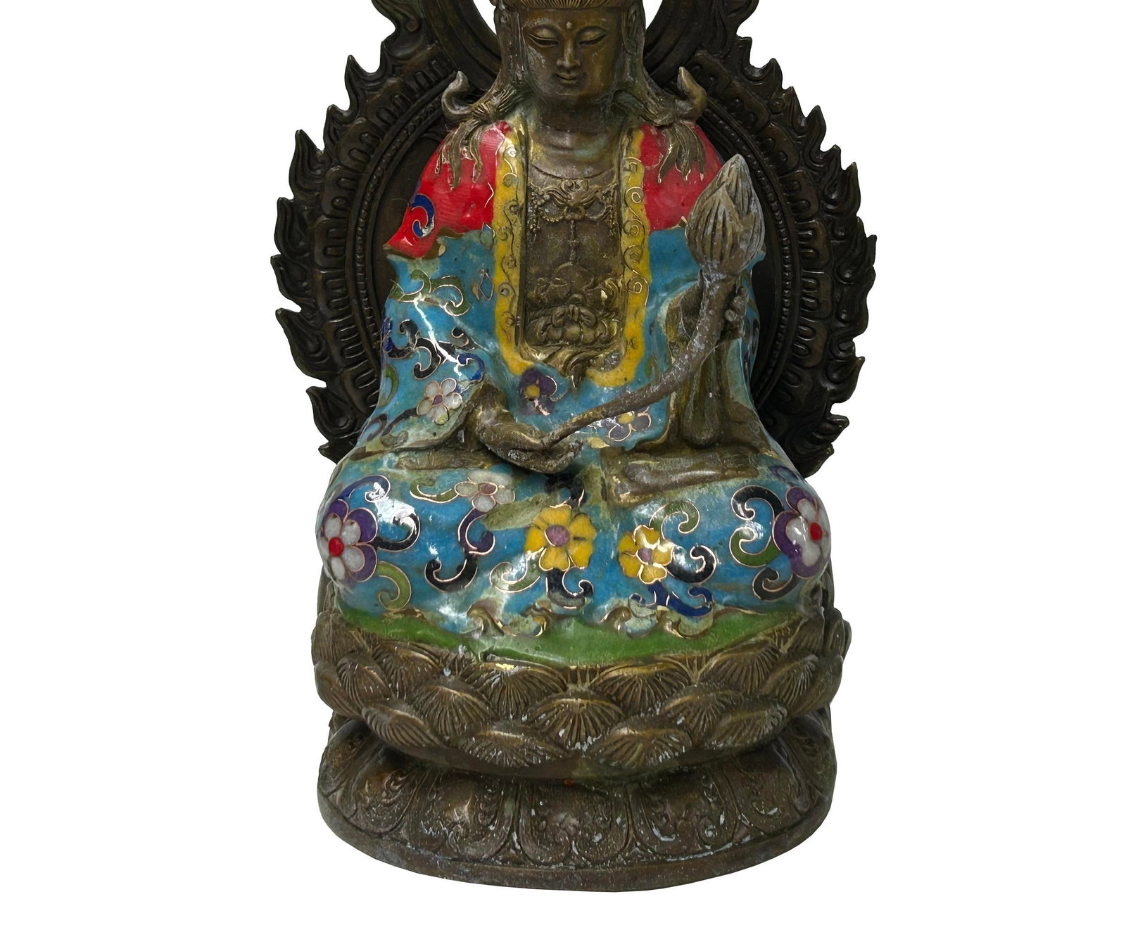 Vintage Cloisonne Enamel Lotus Bodhisattva Metal Buddha Statue - 7
