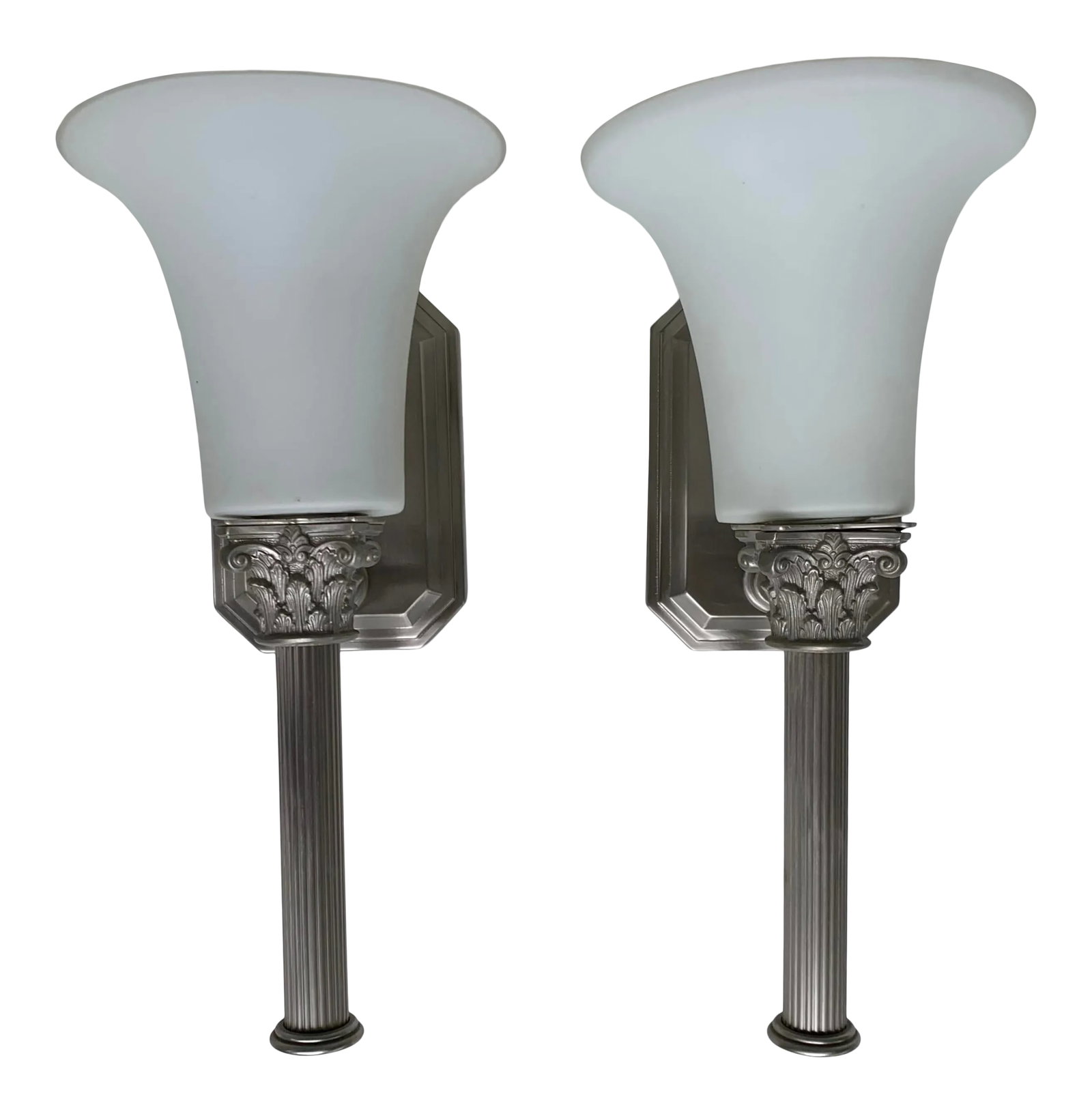 Vintage Late 20th Century Brushed Chrome Column Sconces - Set of 2: Pair of vintage brushed chrome column sconce with glass shade. Formally hung in the Southern California estate used in the 1980s hit TV show "Dynasty" Condition: Alterations: Original Condition