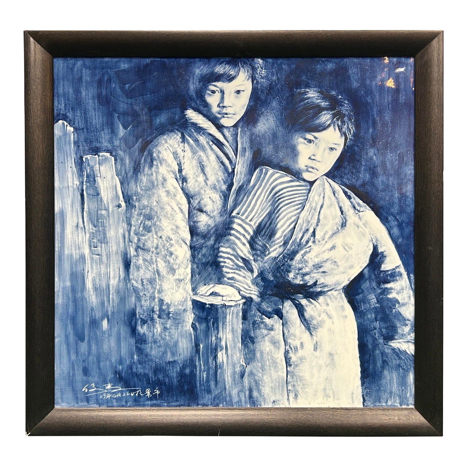 Contemporary Blue White People Graphic Porcelain Wood Framed Art: This striking monochromatic painting, encased in a simple dark wood frame, is rendered in a deep, atmospheric cobalt blue on a square porcelain-like surface. The composition depicts two young