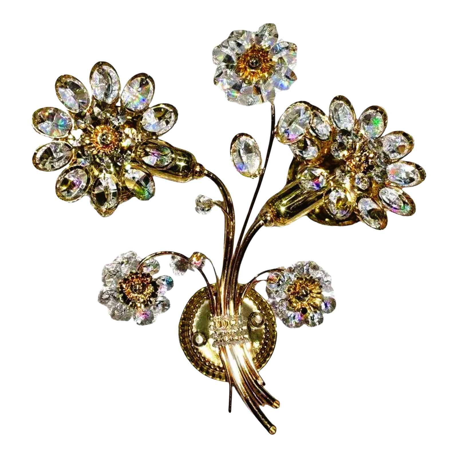 Crystal Palwa Sconce, Wall Light, Vintage Hollywood Regency 24 Karat Gold, 1960s: Vintage Hollywood Regency 24 karat gold, crystal Palwa sconce, wall light 1960s. Manufactured by West-German lighting company Palwa (Palme & Walter) Two E 14 lamp sockets (bulbs are not included).