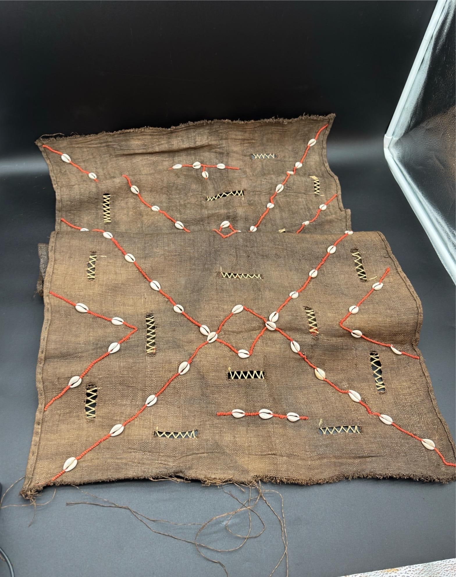 Vintage African Kuba Mud Cloth With Cowrie Shells and Orange Seed Beads in a Geometric Design - 11
