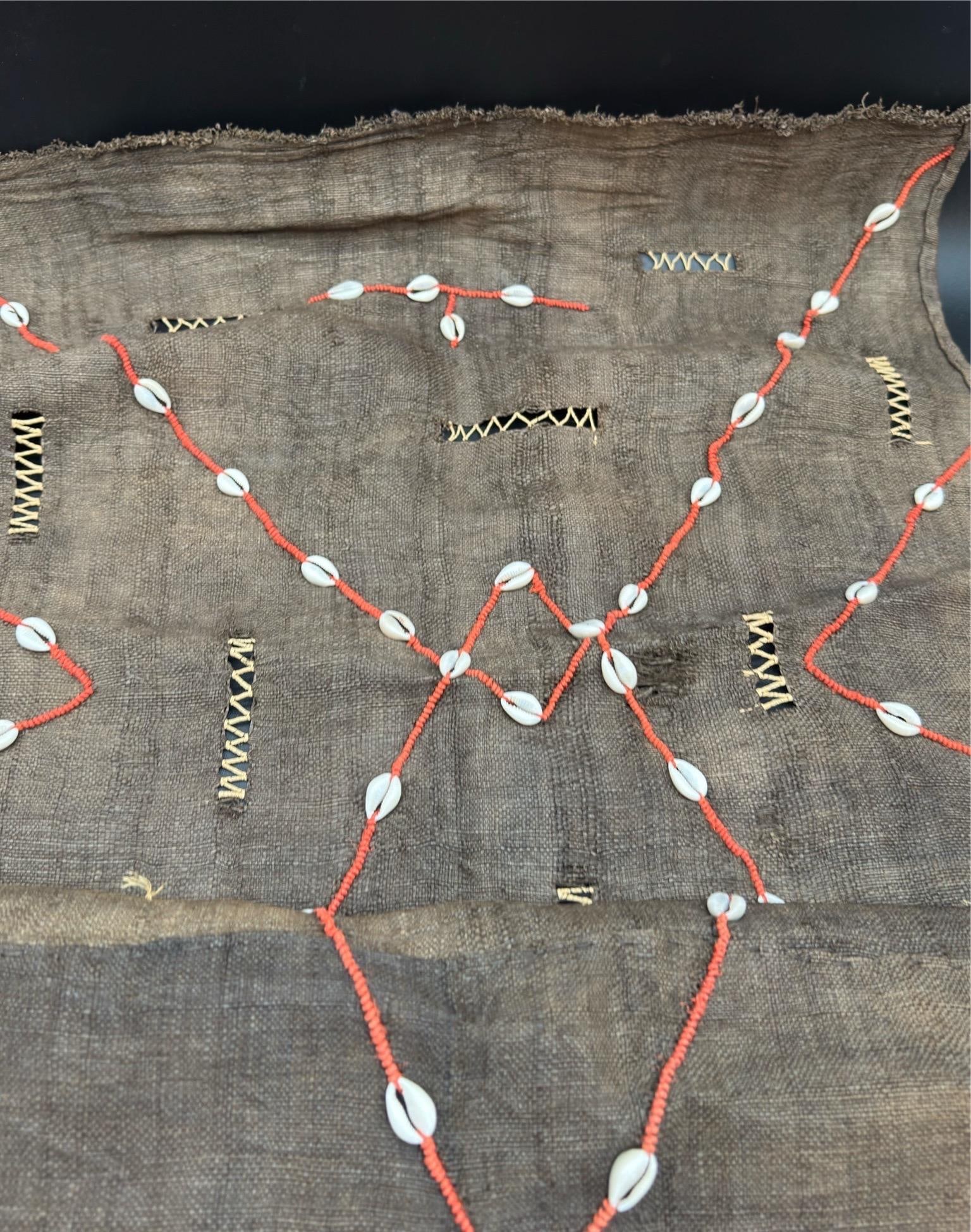 Vintage African Kuba Mud Cloth With Cowrie Shells and Orange Seed Beads in a Geometric Design - 14