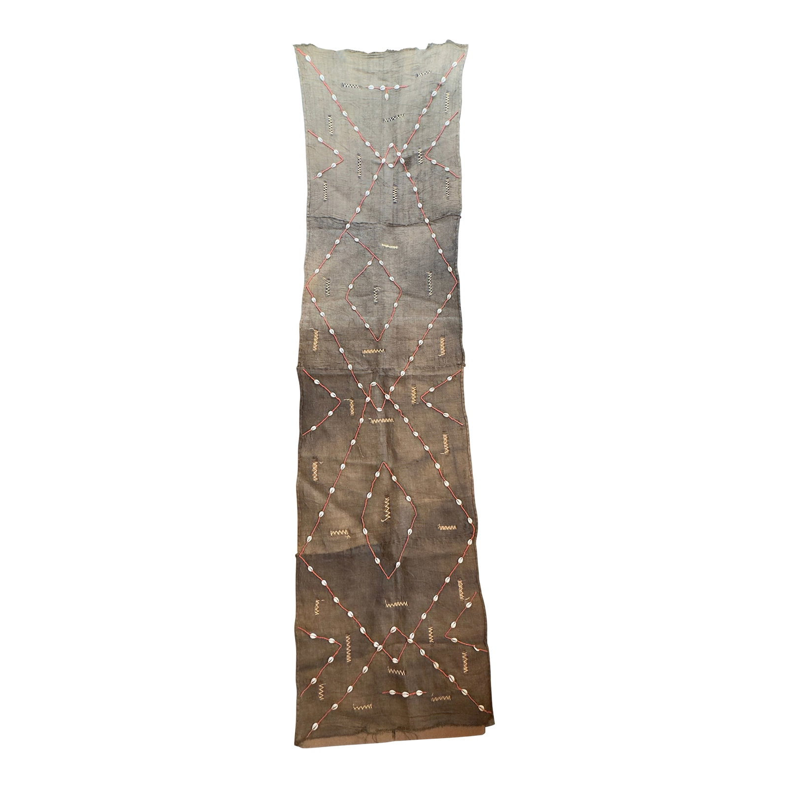 Vintage African Kuba Mud Cloth With Cowrie Shells and Orange Seed Beads in a Geometric Design (1 of 14)