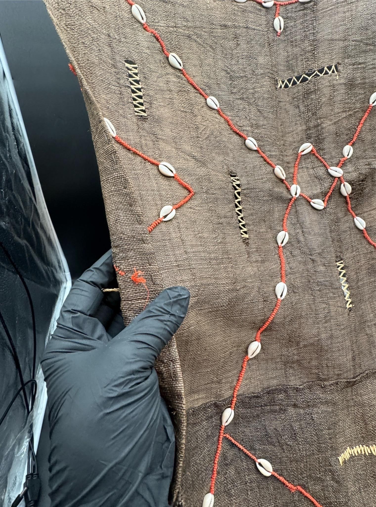Vintage African Kuba Mud Cloth With Cowrie Shells and Orange Seed Beads in a Geometric Design - 3