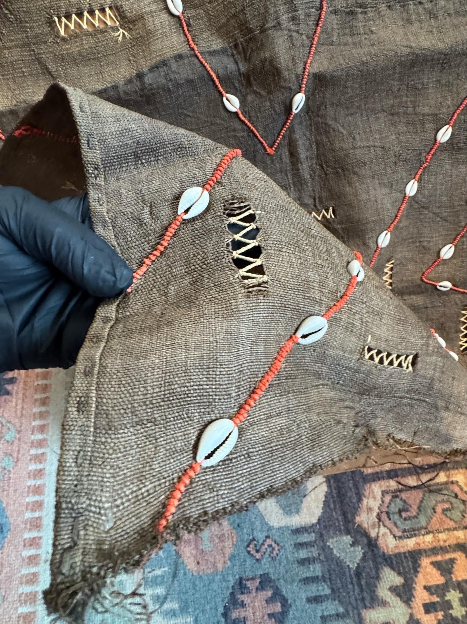 Vintage African Kuba Mud Cloth With Cowrie Shells and Orange Seed Beads in a Geometric Design - 4