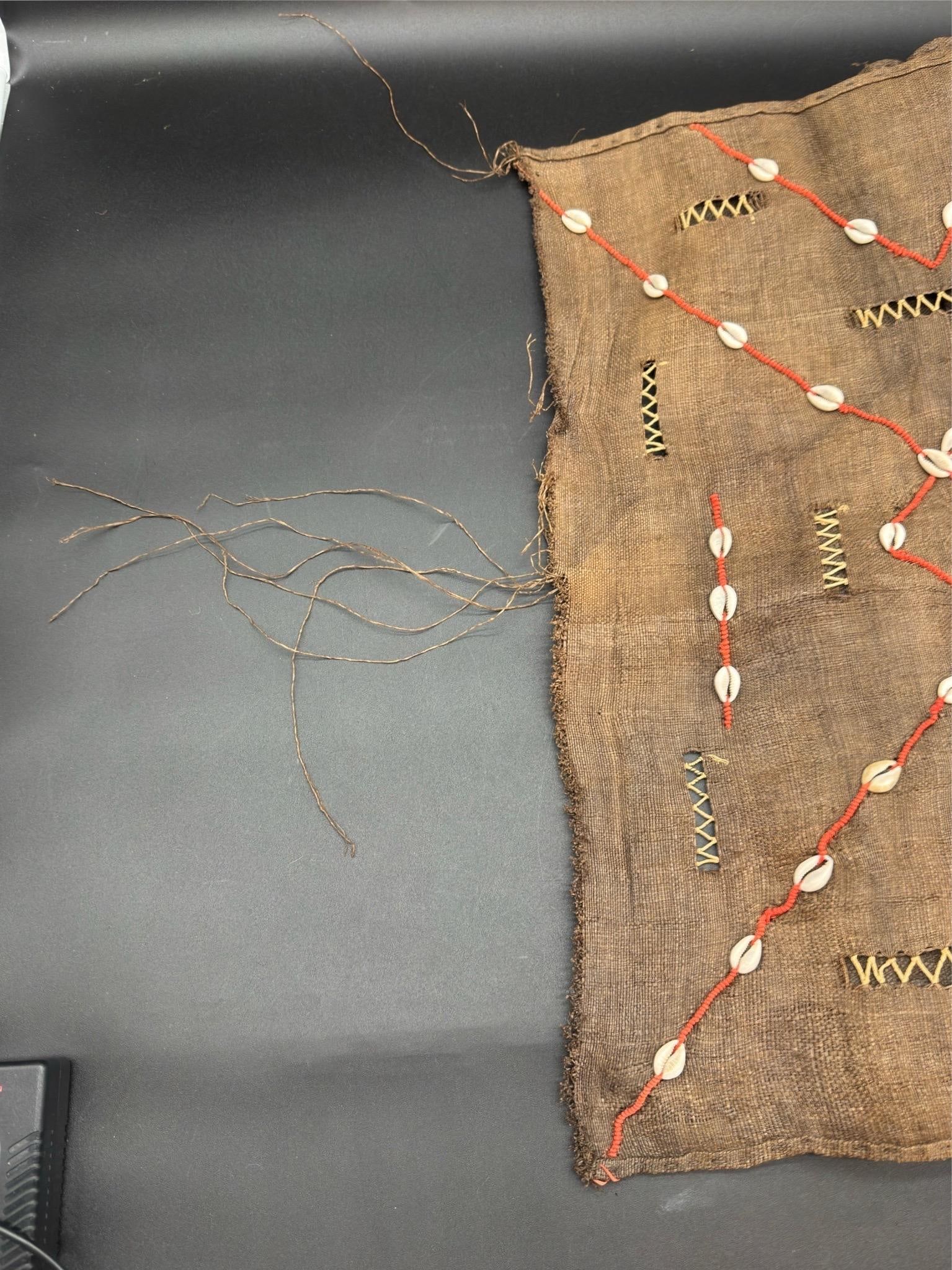 Vintage African Kuba Mud Cloth With Cowrie Shells and Orange Seed Beads in a Geometric Design - 6