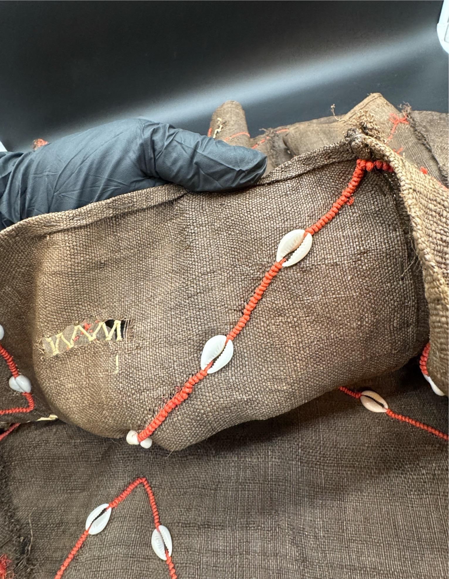 Vintage African Kuba Mud Cloth With Cowrie Shells and Orange Seed Beads in a Geometric Design - 8
