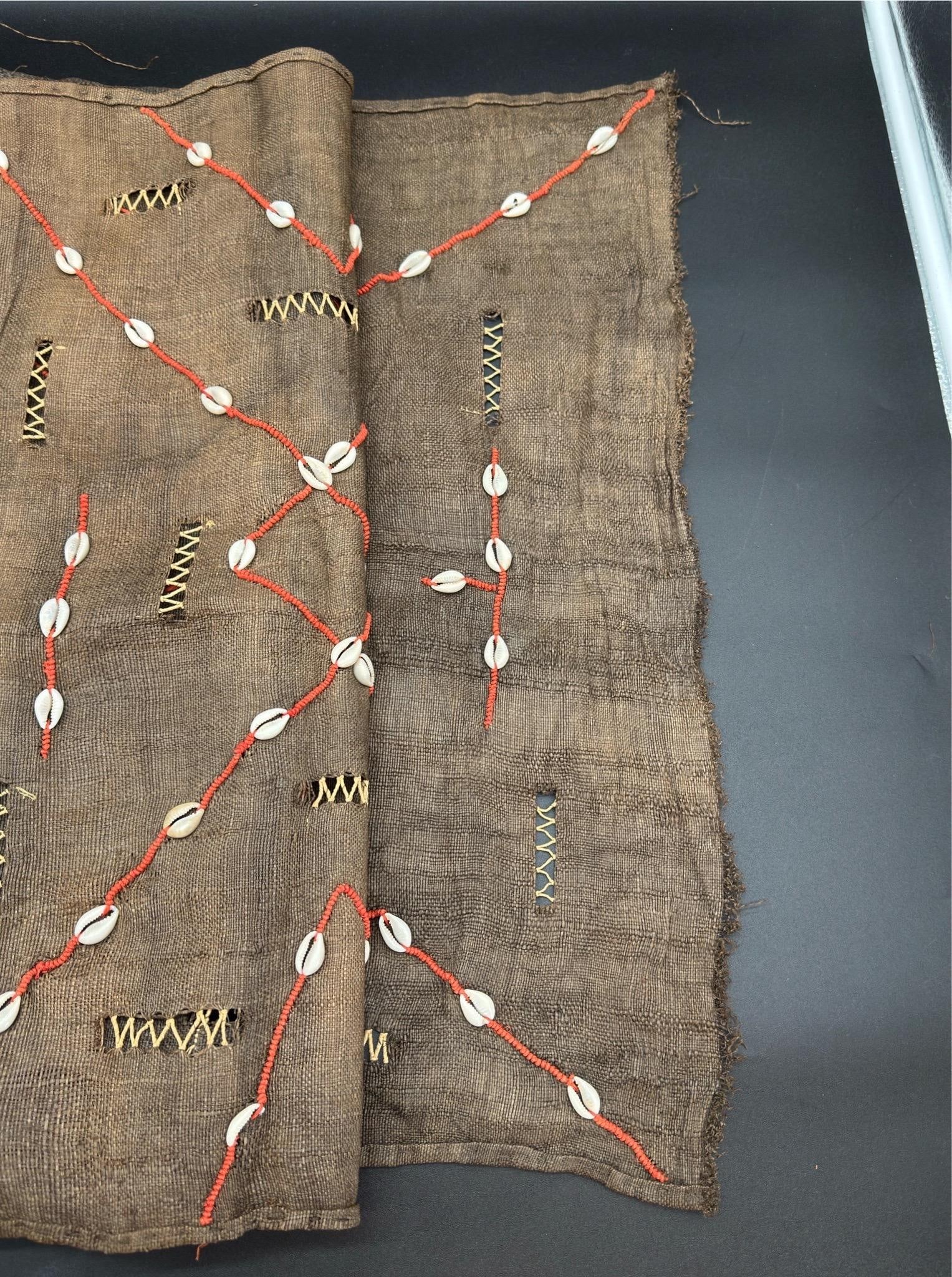 Vintage African Kuba Mud Cloth With Cowrie Shells and Orange Seed Beads in a Geometric Design - 9
