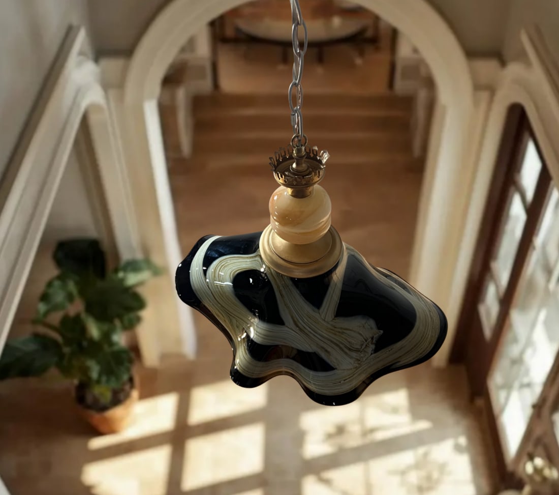 Vintage Art Glass Black Tan Ribbon Swirl Fazzoletto and Agate Glass Pendant Light - 15
