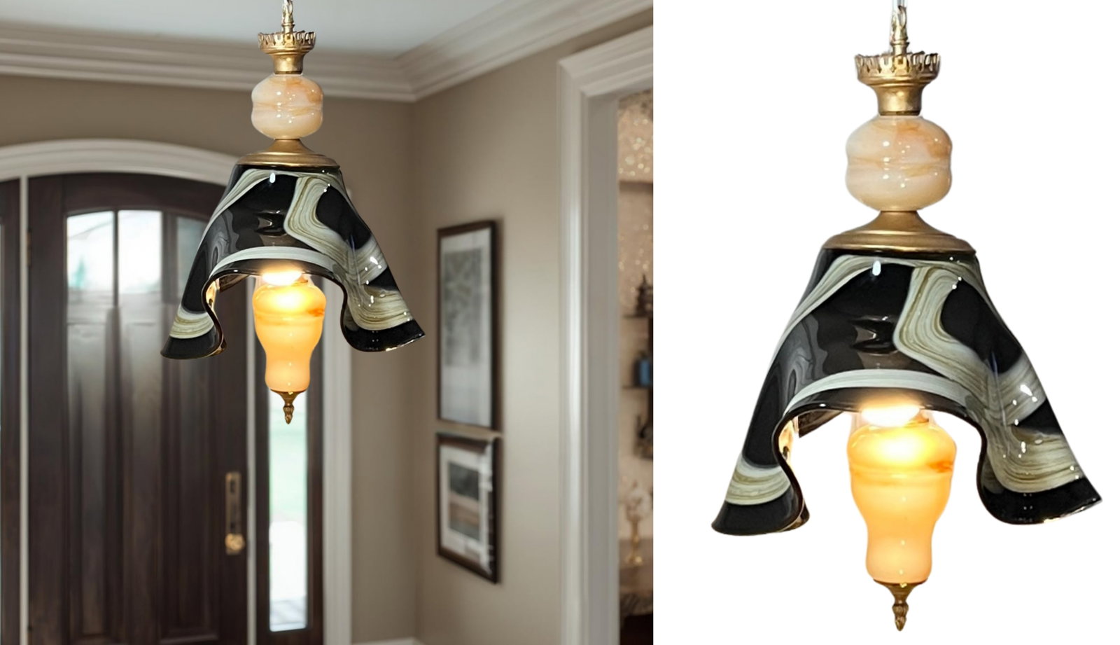 Vintage Art Glass Black Tan Ribbon Swirl Fazzoletto and Agate Glass Pendant Light - 16