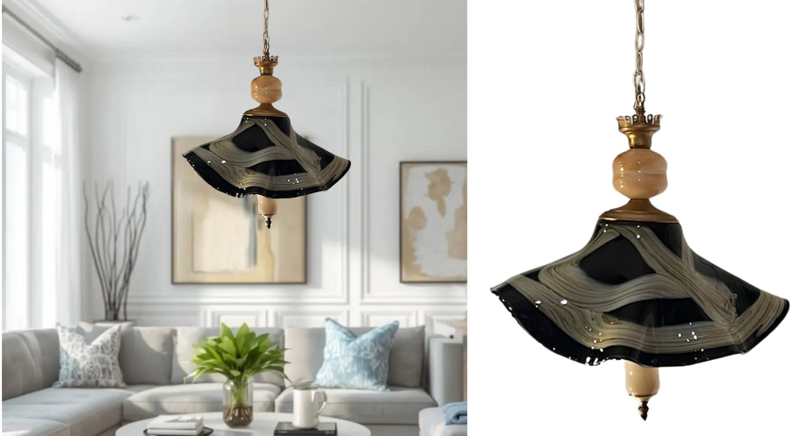 Vintage Art Glass Black Tan Ribbon Swirl Fazzoletto and Agate Glass Pendant Light - 17