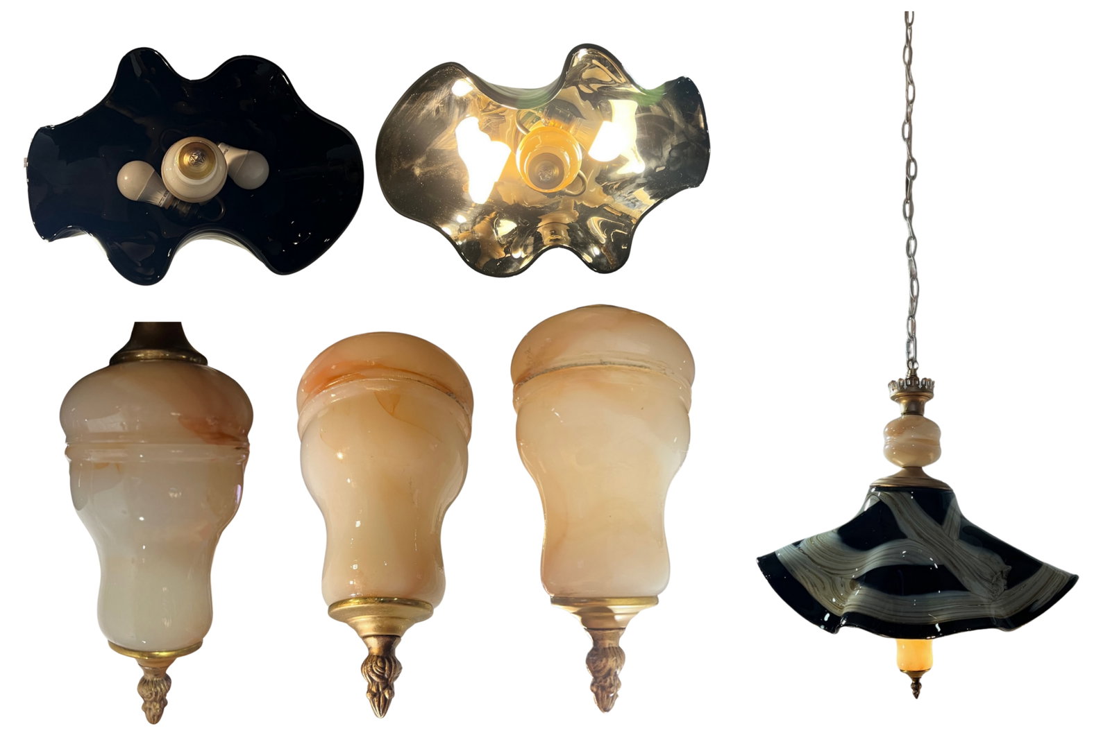 Vintage Art Glass Black Tan Ribbon Swirl Fazzoletto and Agate Glass Pendant Light - 18