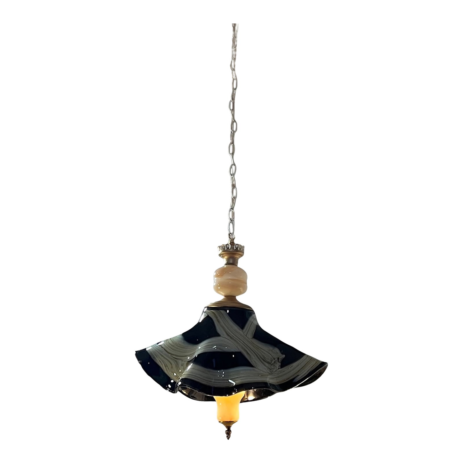 Vintage Art Glass Black Tan Ribbon Swirl Fazzoletto and Agate Glass Pendant Light: This striking, one-of-a-kind pendant lamp is a sculptural statement piece that seamlessly blends traditional European glass artistry with vintage design elements. Handblown by skilled artisans of the